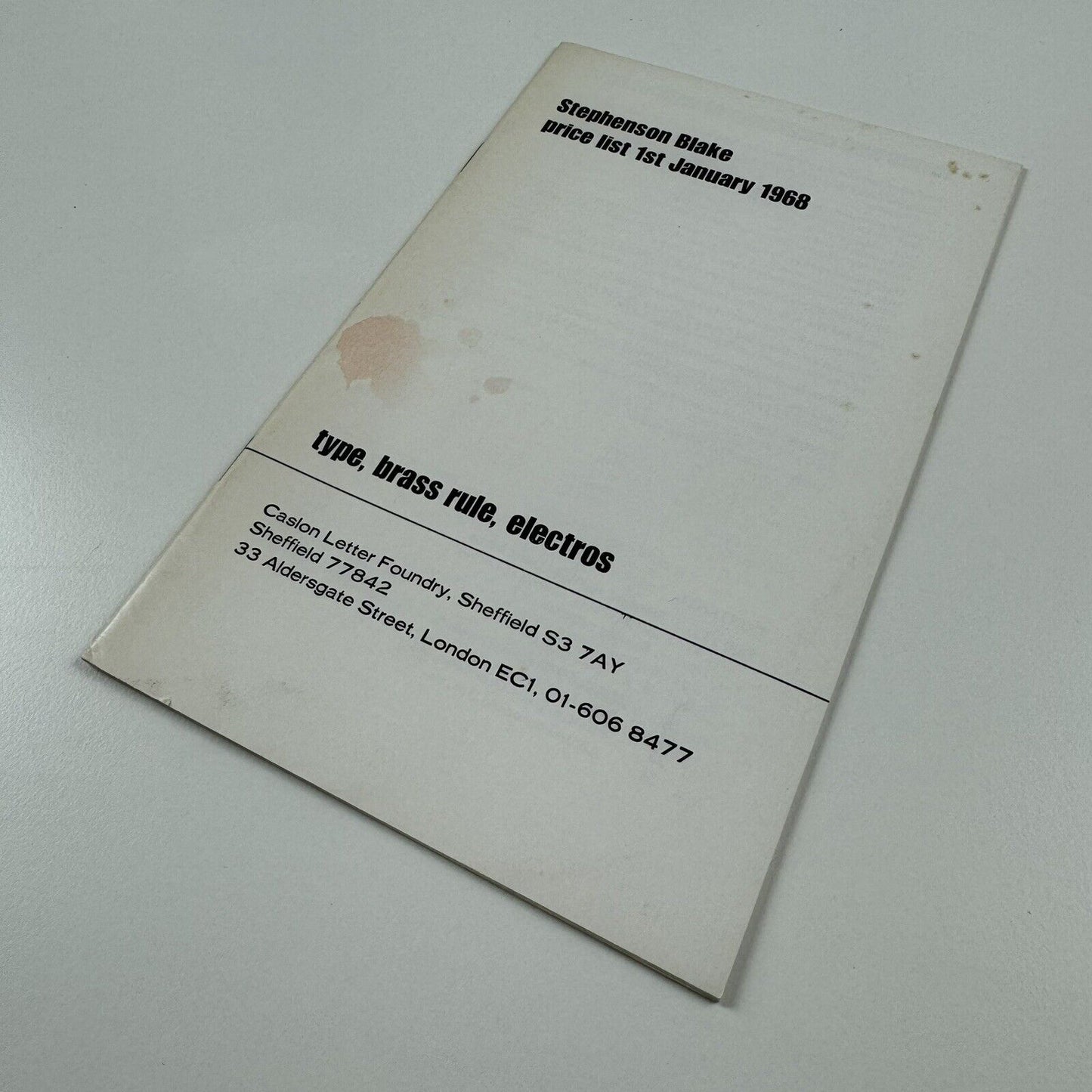 Booklet – Stephenson Blake price list, 1st January 1968 | Type, Brass rule, Electros