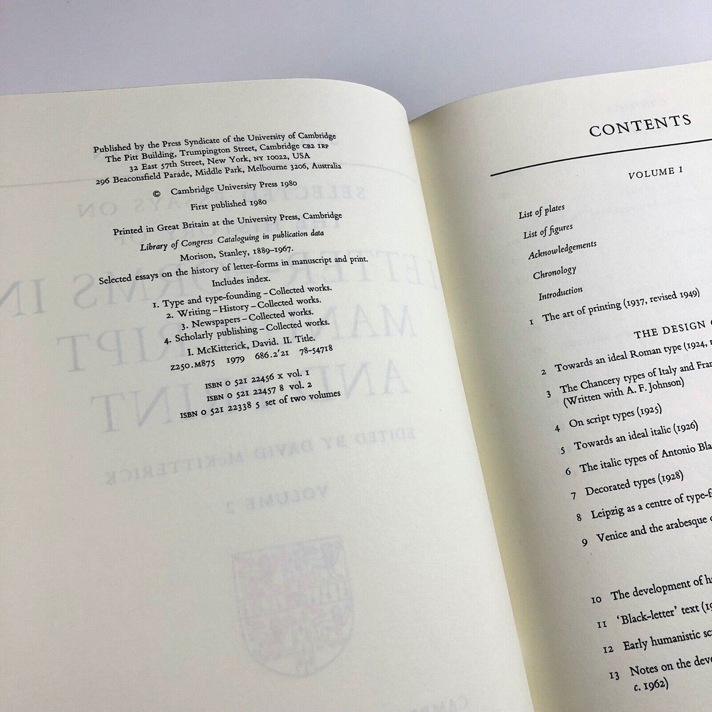 Stanley Morison, Selected Essays on Letter-forms in Manuscript and Print by Stanley Morison | Vols I & II | Ed. David McKitterick