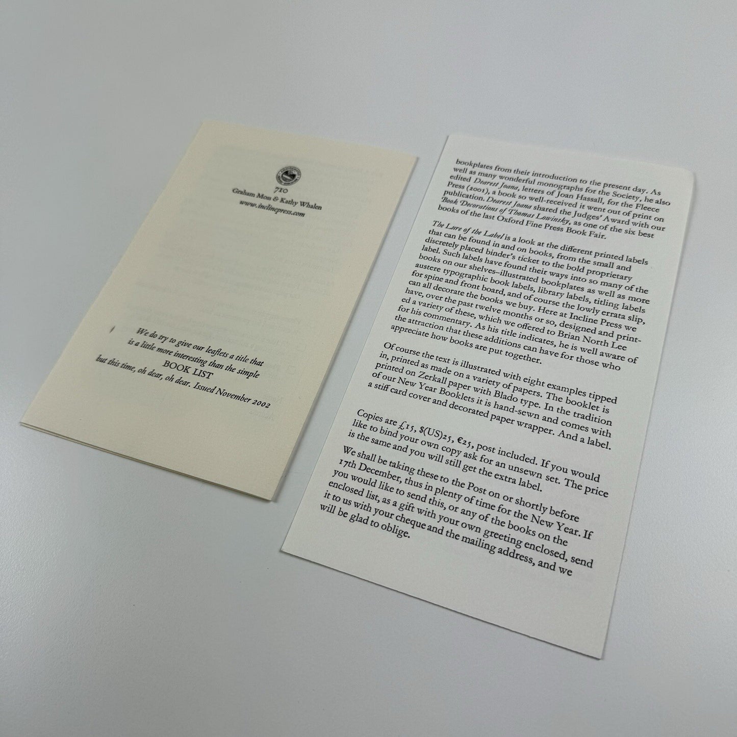 Two leaflets from the Incline Press – 'Give a Book a Home' and Brian North Lee's 'The Lure of the Label' 2003