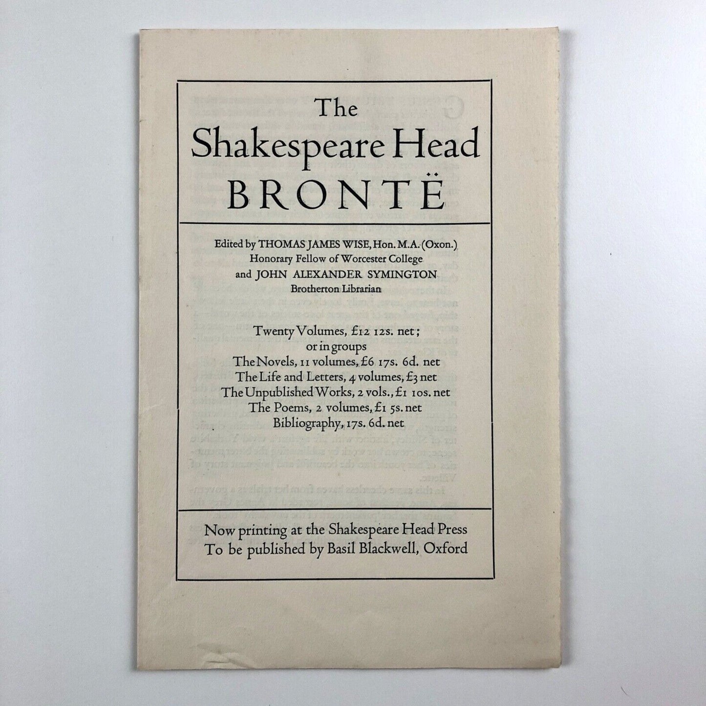 Promotional leaflet/prospectus for The Shakespeare Head – Brontë | Basil Blackwell, c.1931