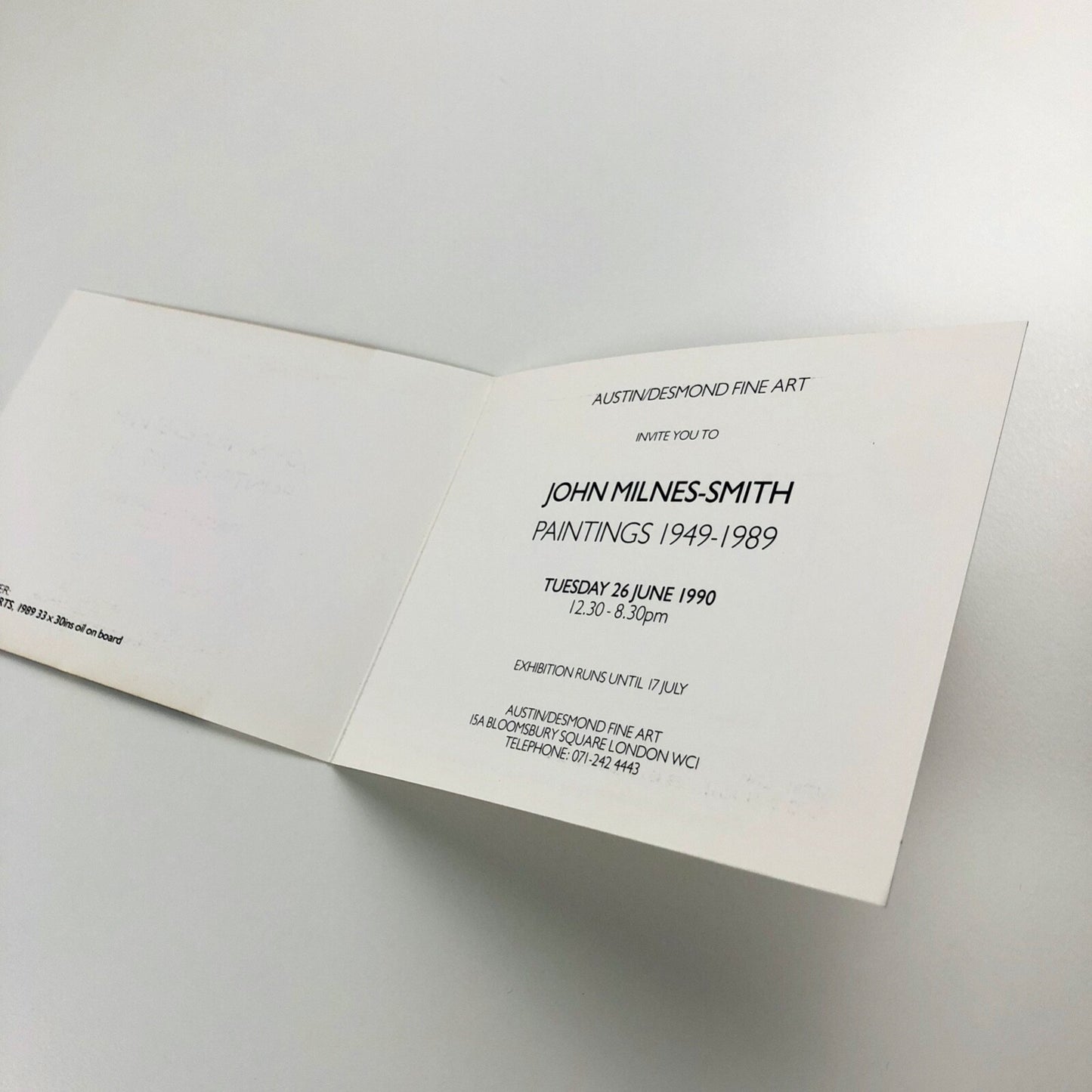 Paintings – 1949 to 1989 by John Milnes-Smith | Austin/Desmond private view invitation | Folded card, 1990