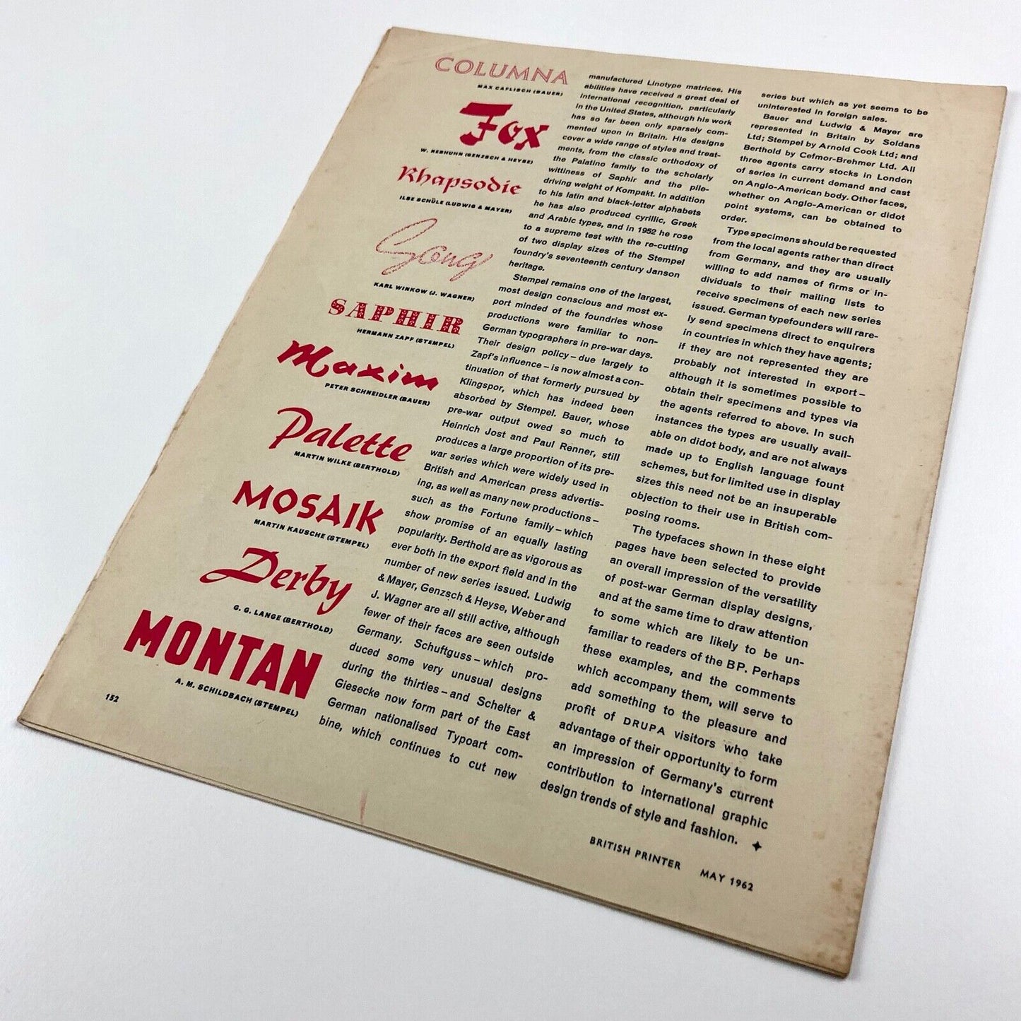 Post-war type design in Germany | R.S Hutchings | Supplement to British Printer, May 1962