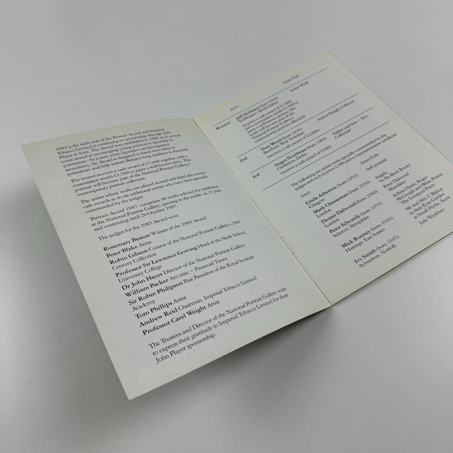 Leaflet for Portrait Award 1985 John Player Special | National Portrait Gallery