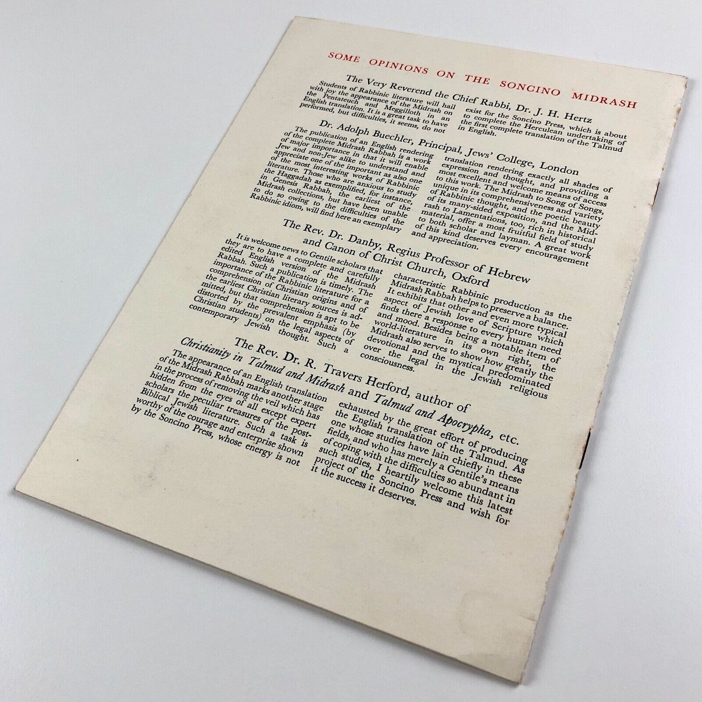 Prospectus for The Midrash Rabbah | edited by Rabbi Dr. H. Freedman | The Soncino Press 1939