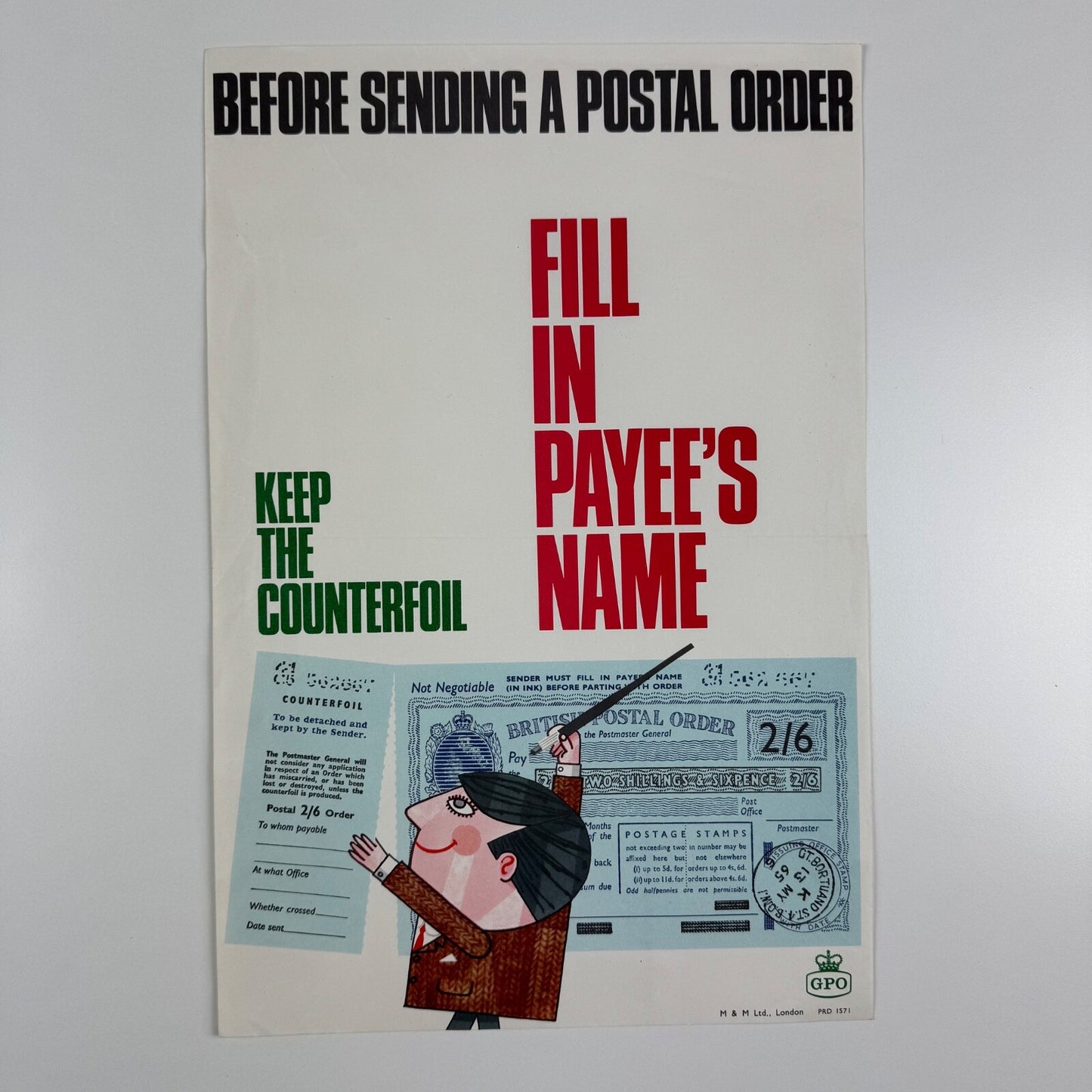 Poster Post Office ‘Before sending a postal order. Fill in Payee's Name' by JPC (Joint Production Council). Poster artist not known. Printer M&M (Moore & Matthes Ltd)