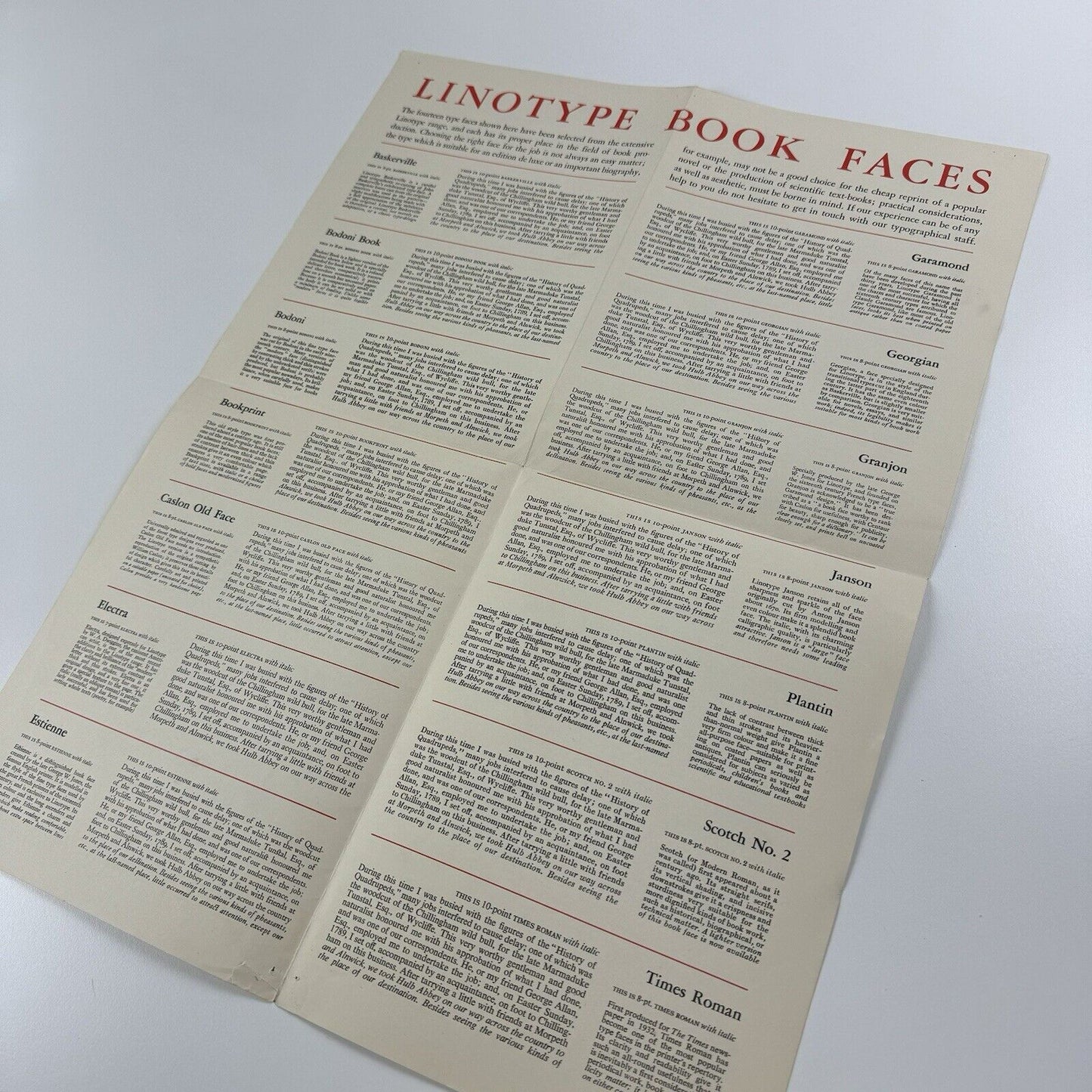 Type specimen broadsheet | Linotype Type Faces for Books | Undated