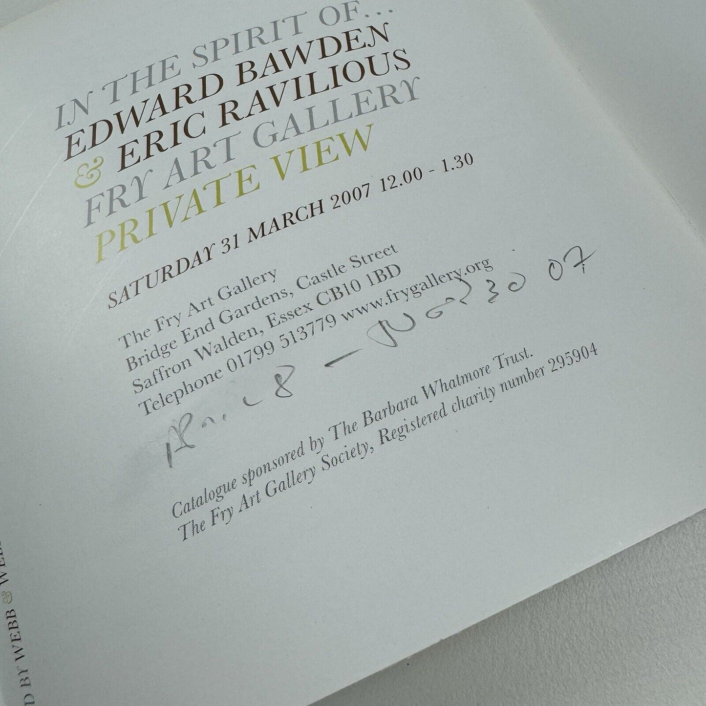 Private view invite Eric Bawden Eric Ravilious | Fry Art Gallery, Webb & Webb 2007
