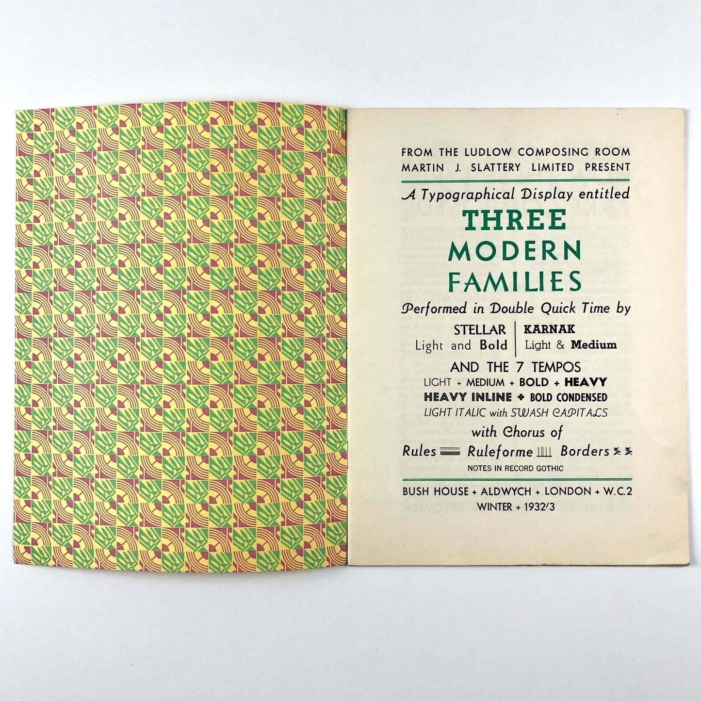 Three Modern Families: Stellar Karnak Tempo | Ludlow type specimen booklet, 1933