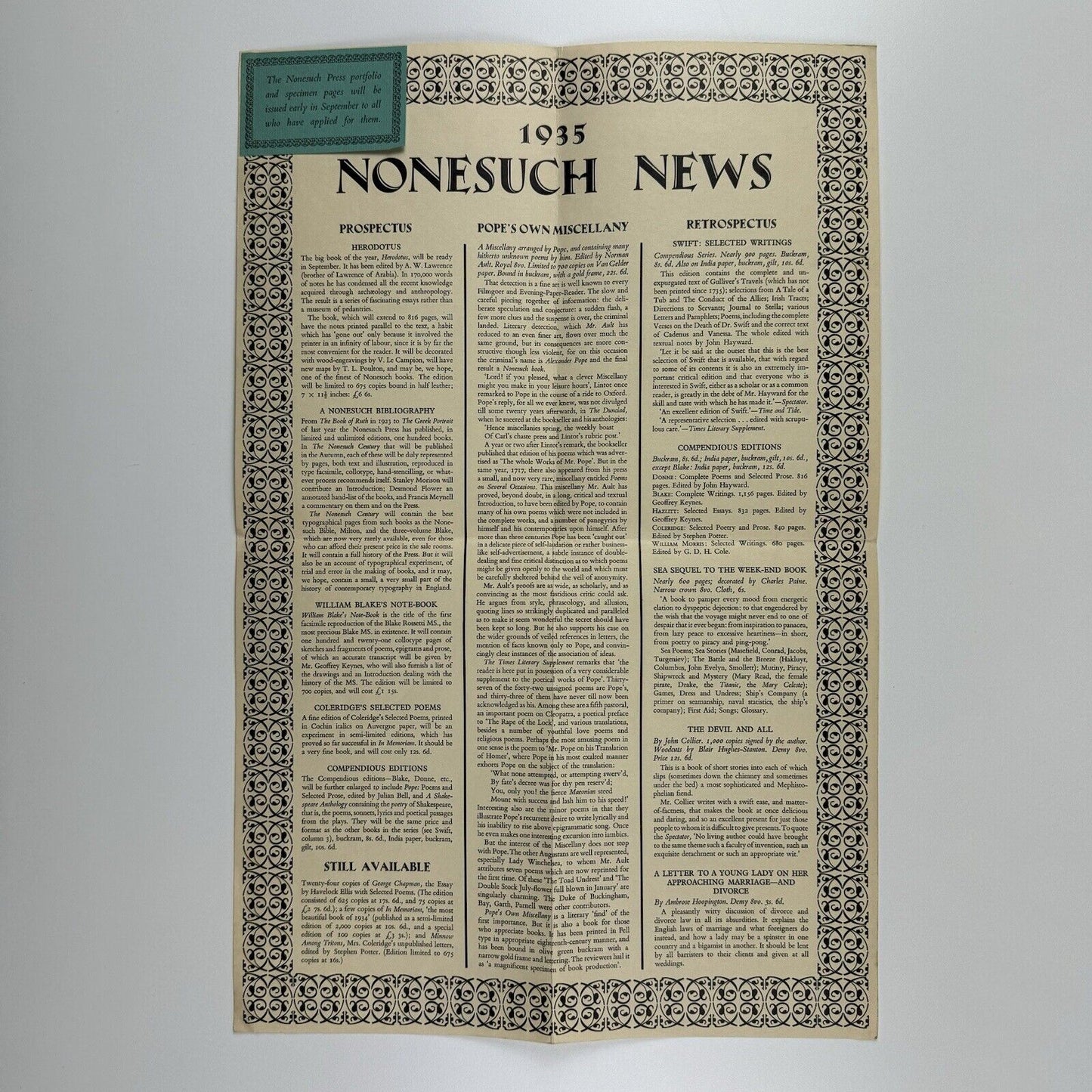Nonesuch News – 1935 – broadsheet/poster folded | The Nonesuch Press