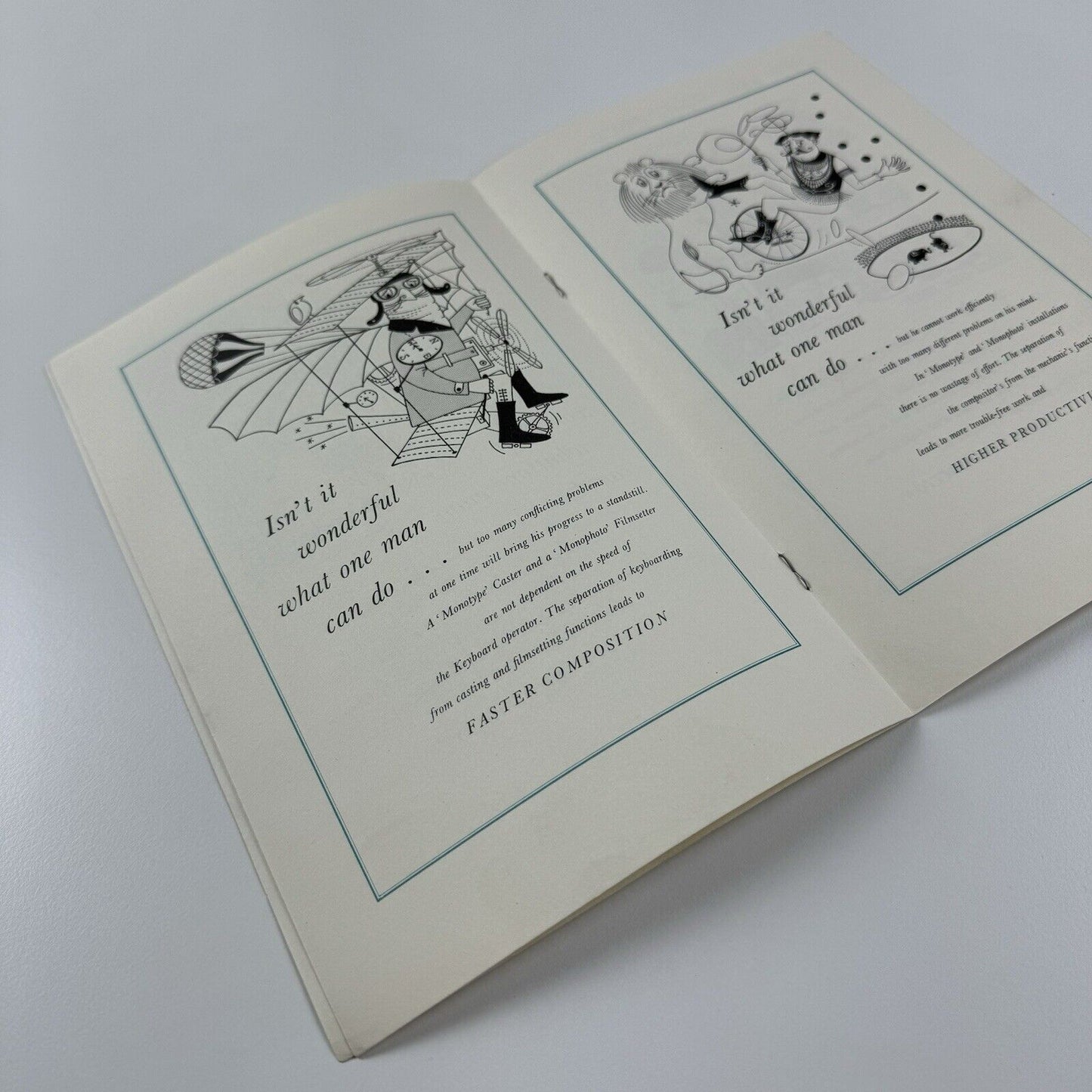 Leaflet The myth of the one-man machine. Monotype Monophoto | Peter Kneebone illustrations, undated