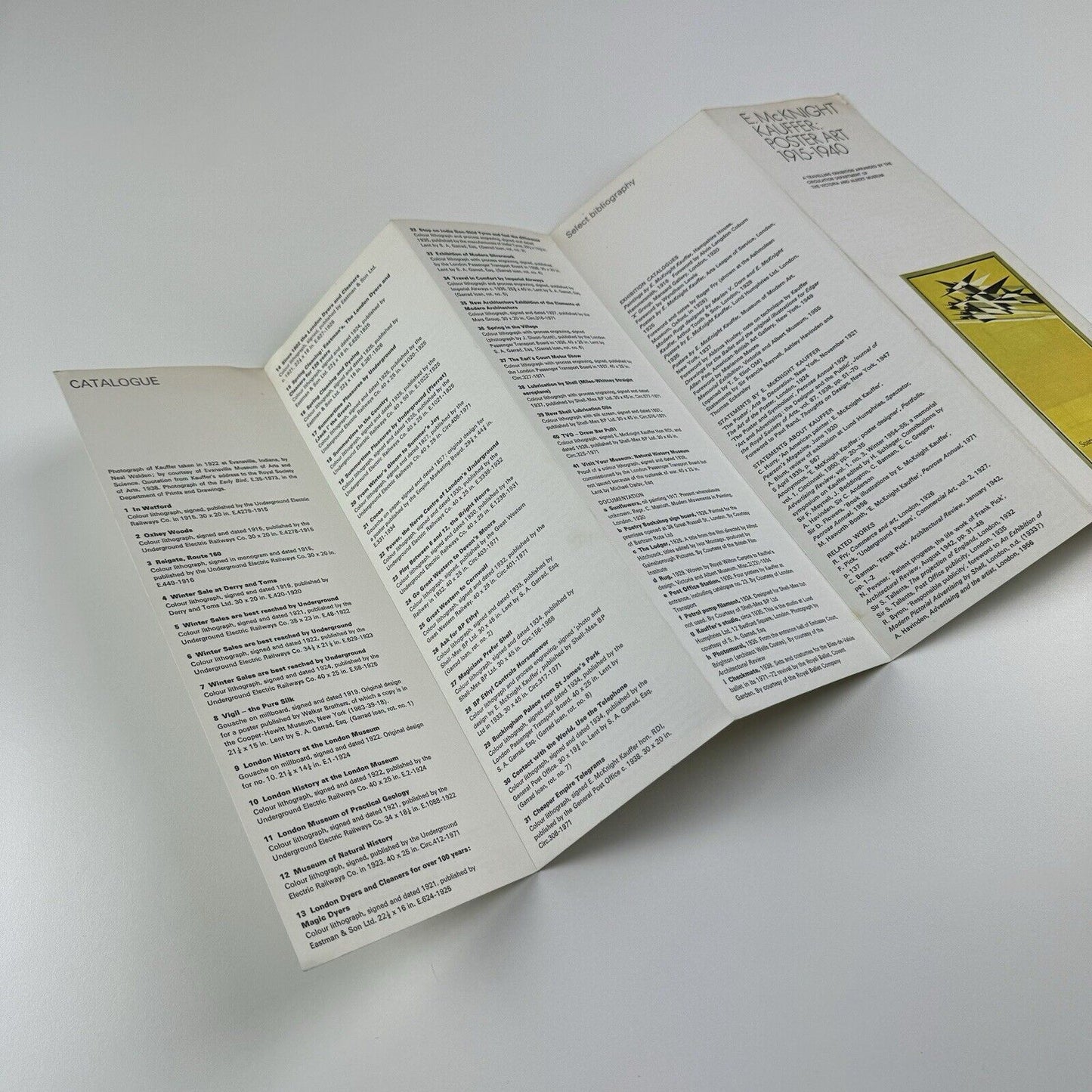 Folding card guide for E.McKnight Kauffer: Poster Art 1915-1940 travelling exhibition organised by V&A Circulation Dept 1973