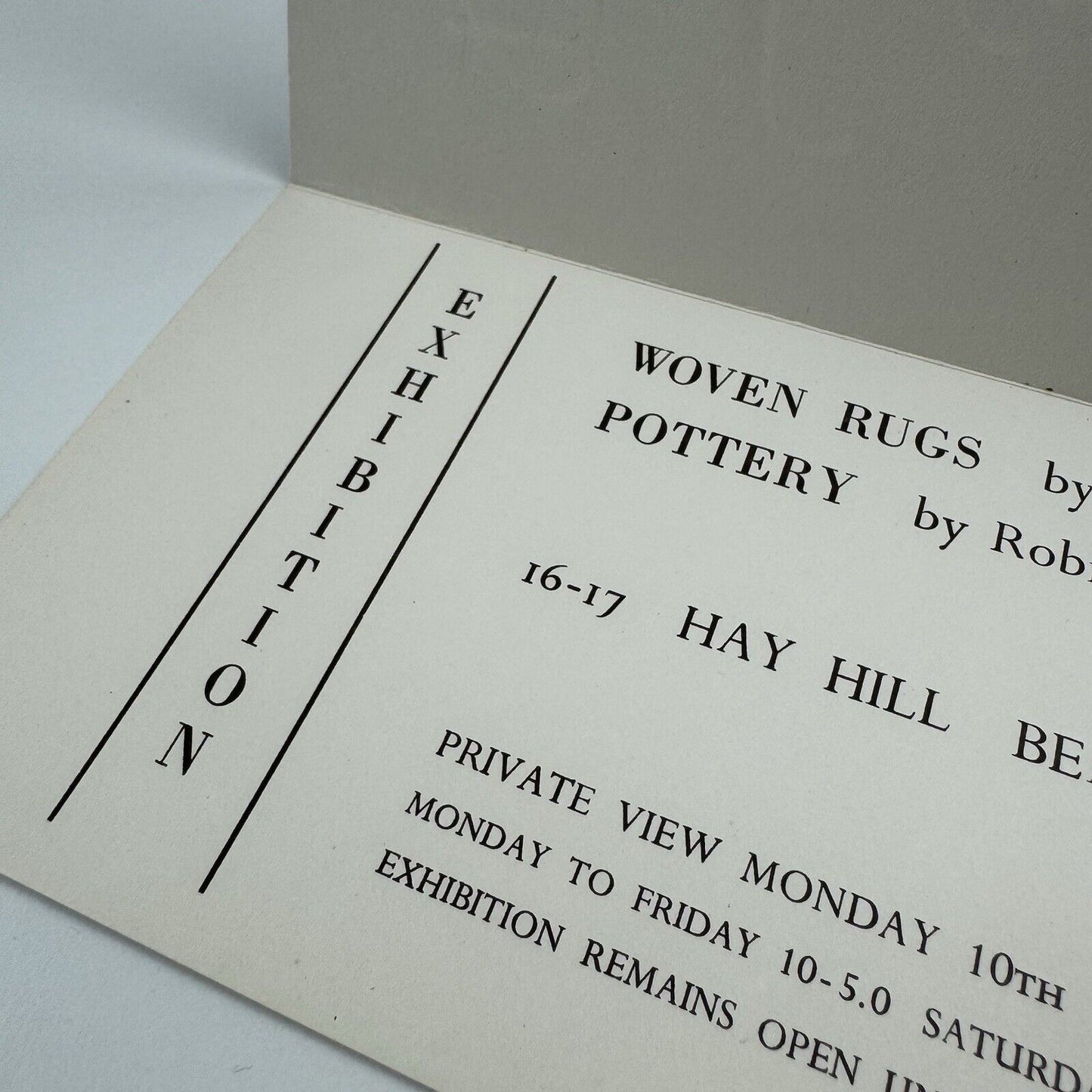 Private view invite for Crafts Centre of Great Britain woven rugs by Gwen & Barbara Mullins, pottery by Robin Welch, September 1962