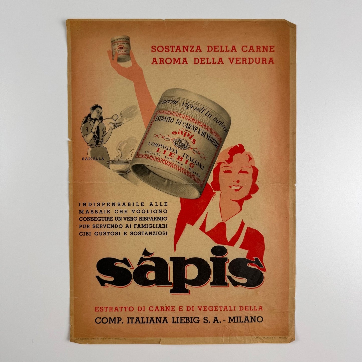 Liebig small paper advert Sàpis Compagnia Italiana Liebig 1937