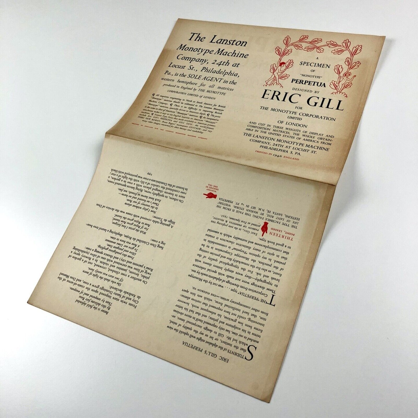 Lanston Monotype Machine Company, Philadelphia | Perpetua type specimen sheet | Eric Gill | Monotype Corporation, 1946