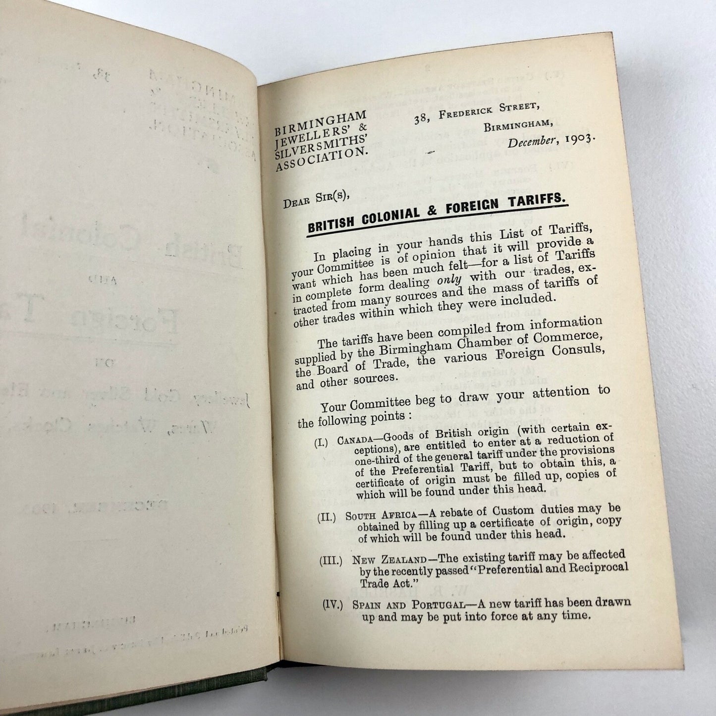 Birmingham Jewellers & Silversmiths – British Colonial and Foreign Tariffs, 1903