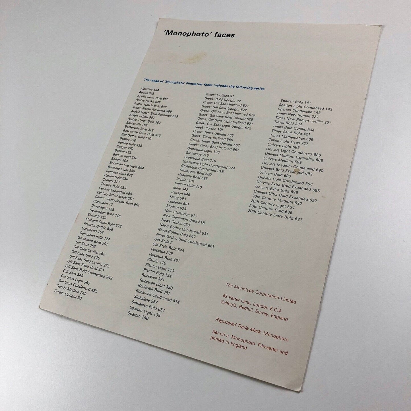 Apollo & Albertina Monophoto type specimen Monotype Corporation Adrian Frutiger