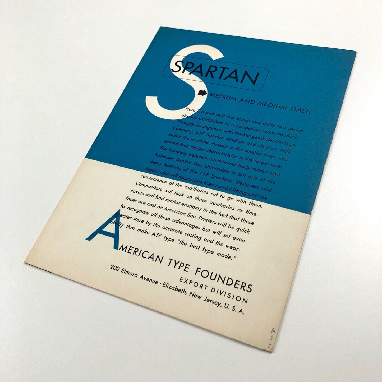 Spartan Medium and Medium Italic type specimen leaflet | American Type Founders, undated