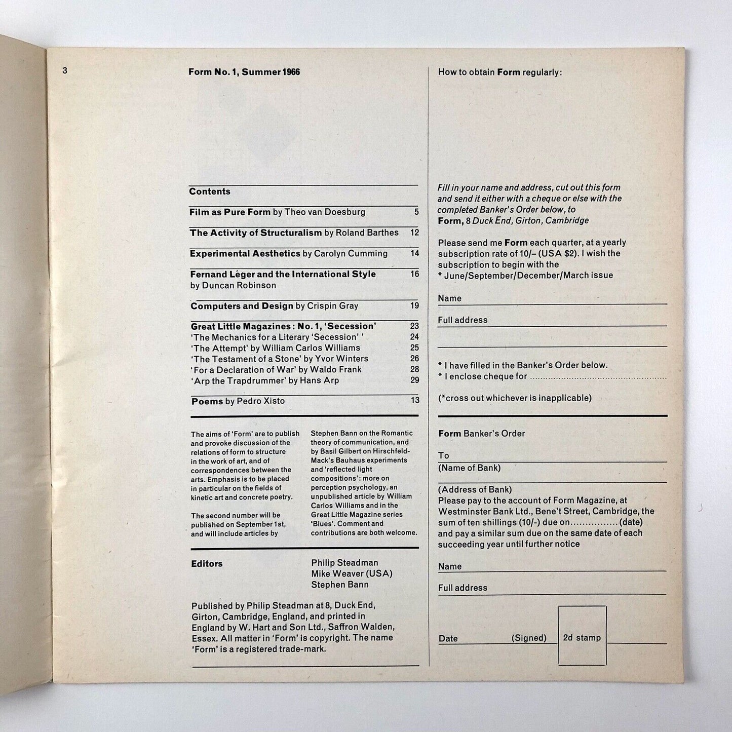 Form magazine – issues 1 to 7 | Philip Steadman Stephen Bann Sep 1966 - Mar 1968