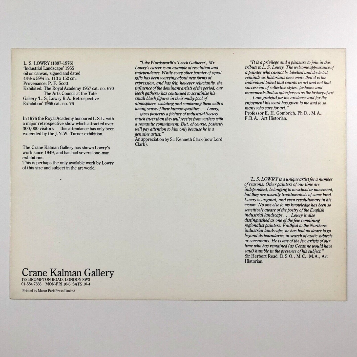 L.S. Lowry. | Promotional card for exhibition held at Crane Kalman Gallery | Undated