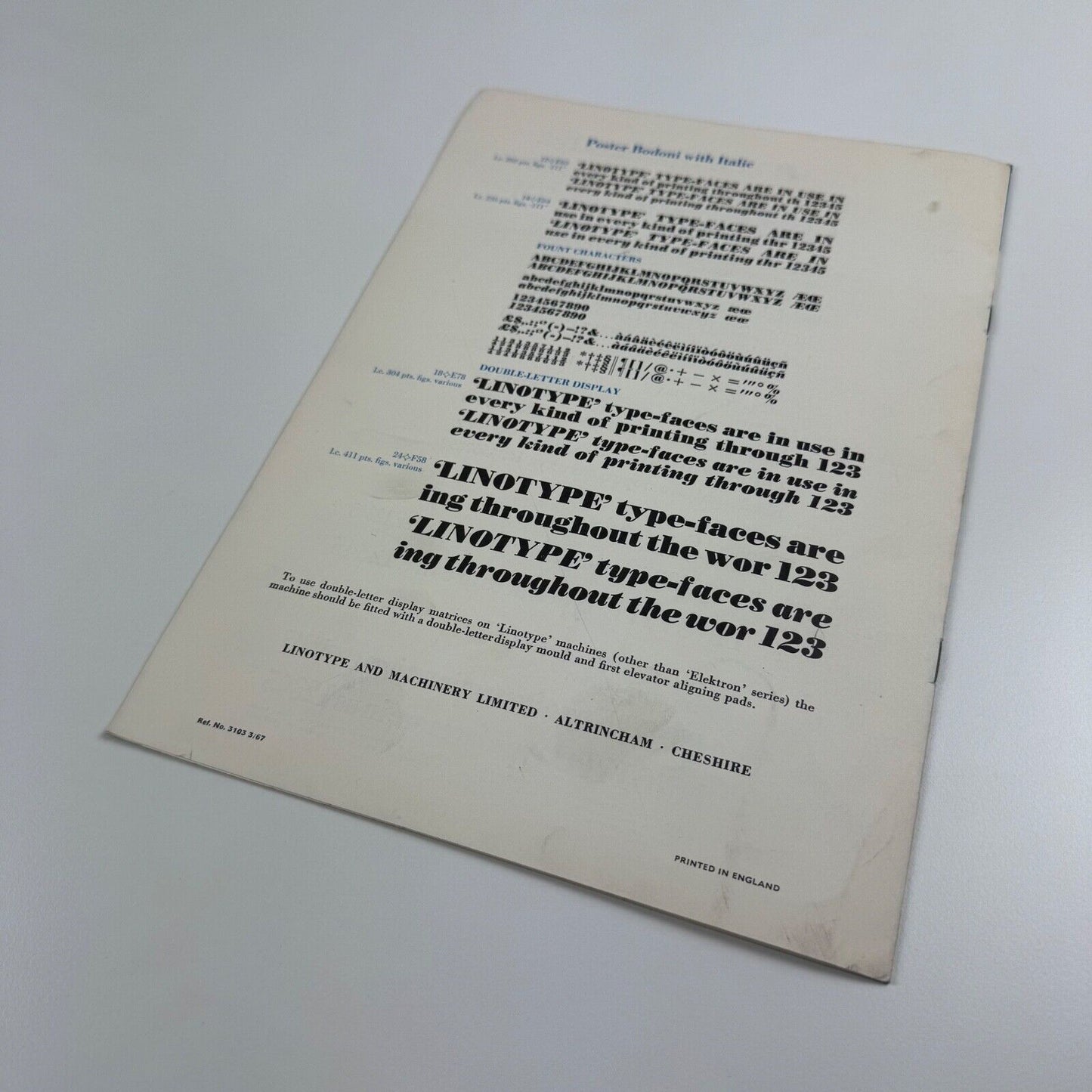 Linotype Bodoni. Type specimen sheet. Undated, maybe 1967