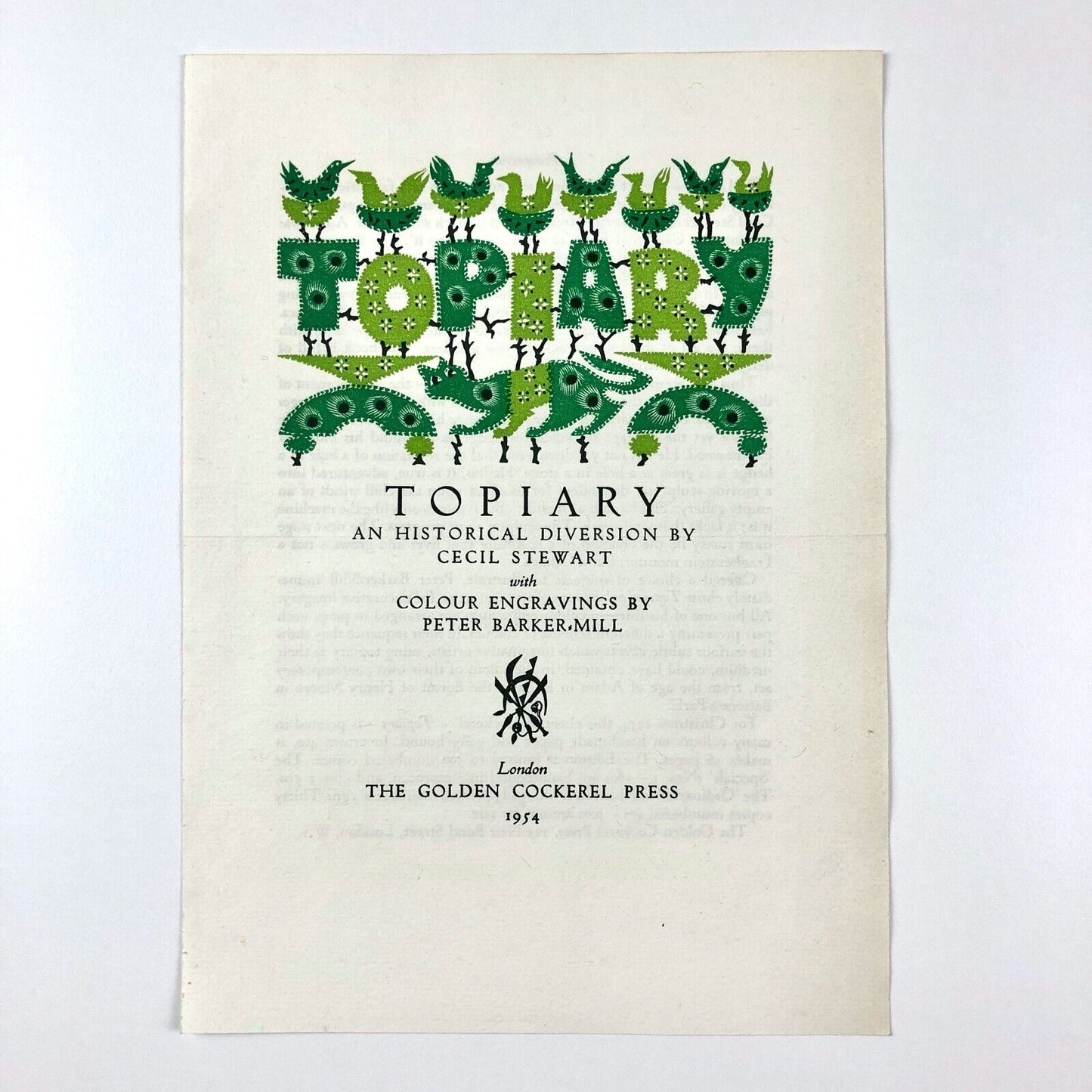 Topiary: An Historical Diversion | Peter Barker-Mill | Golden Cockerel Press prospectus, 1954