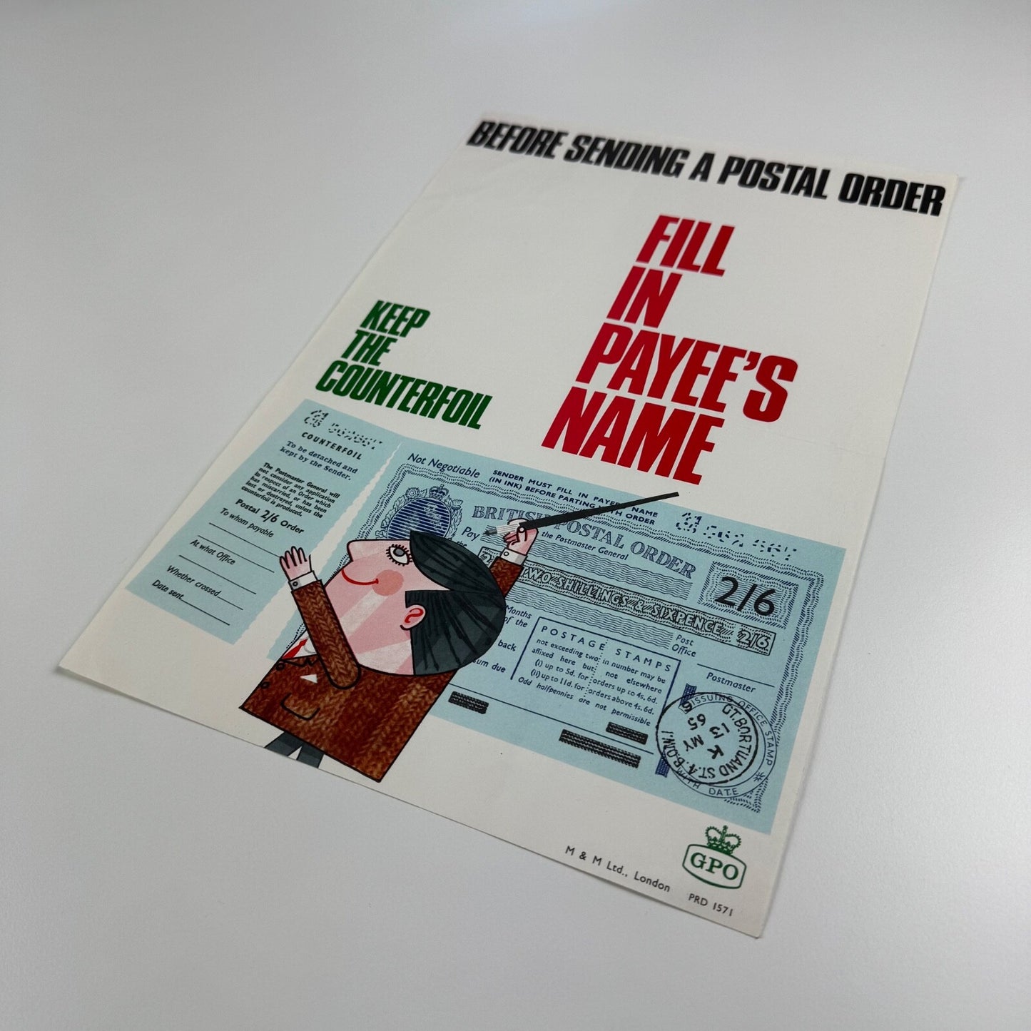 Poster Post Office ‘Before sending a postal order. Fill in Payee's Name' by JPC (Joint Production Council). Poster artist not known. Printer M&M (Moore & Matthes Ltd)