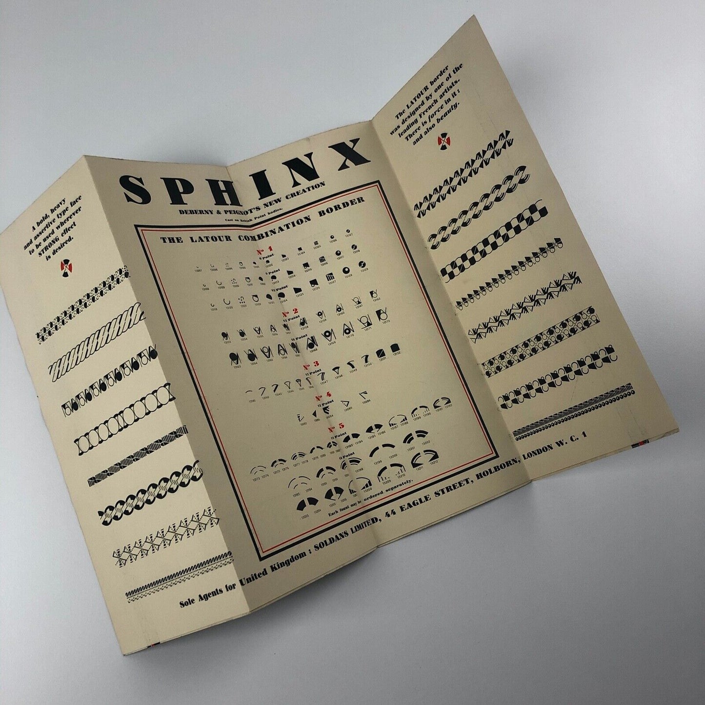 Deberny & Peignot ‘SPHINX’ type specimen leaflet for Soldans Limited c.1925?