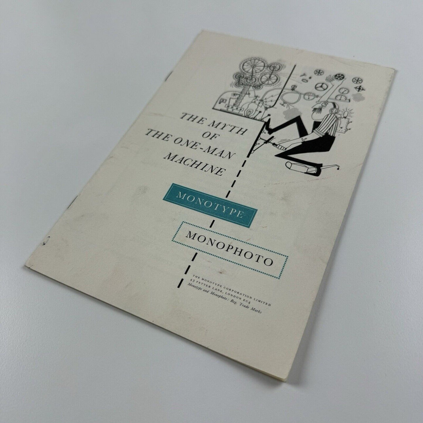 Leaflet The myth of the one-man machine. Monotype Monophoto | Peter Kneebone illustrations, undated