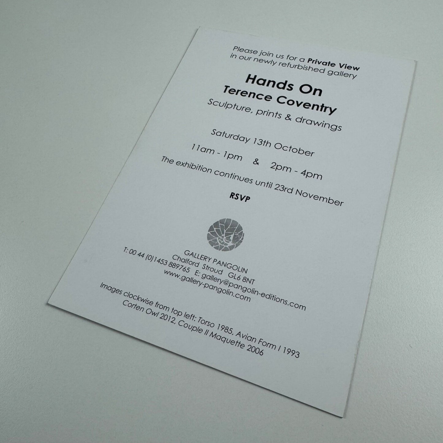 Private view invitation for Hands On Terence Coventry | Gallery Pangolin, c.2012