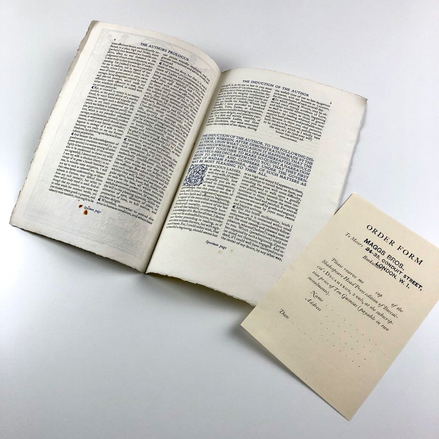 Prospectus for The Decameron Shakespeare Head Press | Edition printed by Isaac Jaggard at The Shakespeare Head Press. First English translation reprint | Maggs Bros, 1938