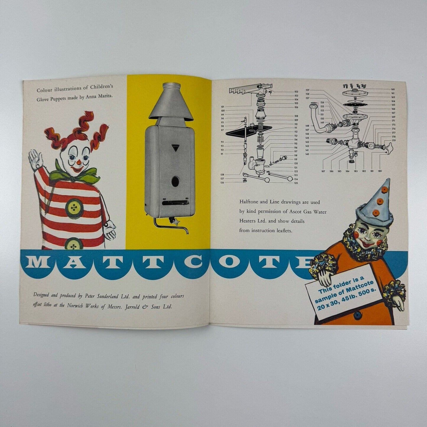 Paper sample leaflet Mattcote Jarrold & Sons | Illustrations taken from glove puppets made by Anna Marita | Donside Paper Co