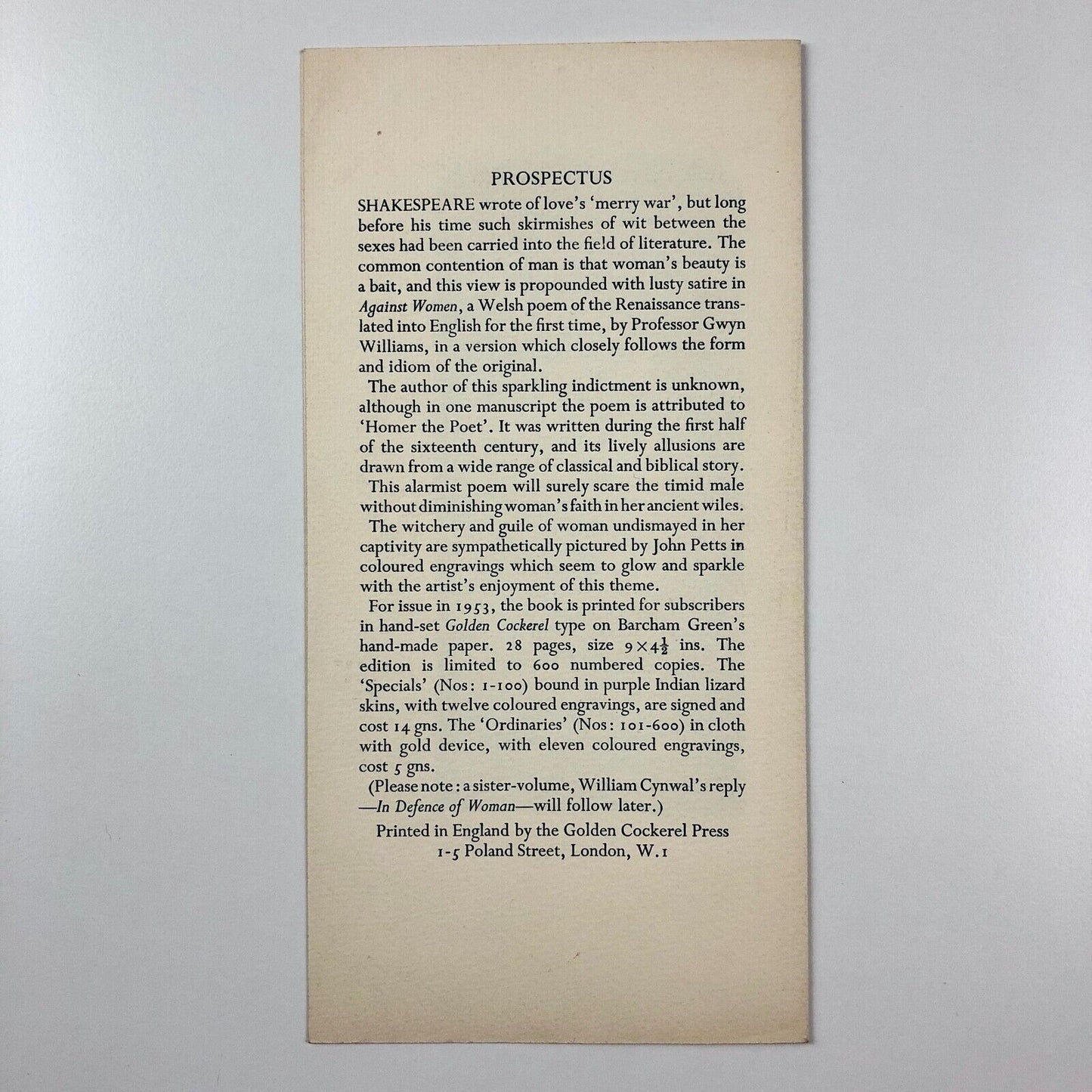 Golden Cockerel Press prospectus 'Against Women' | Gwyn Williams, John Petts 1953