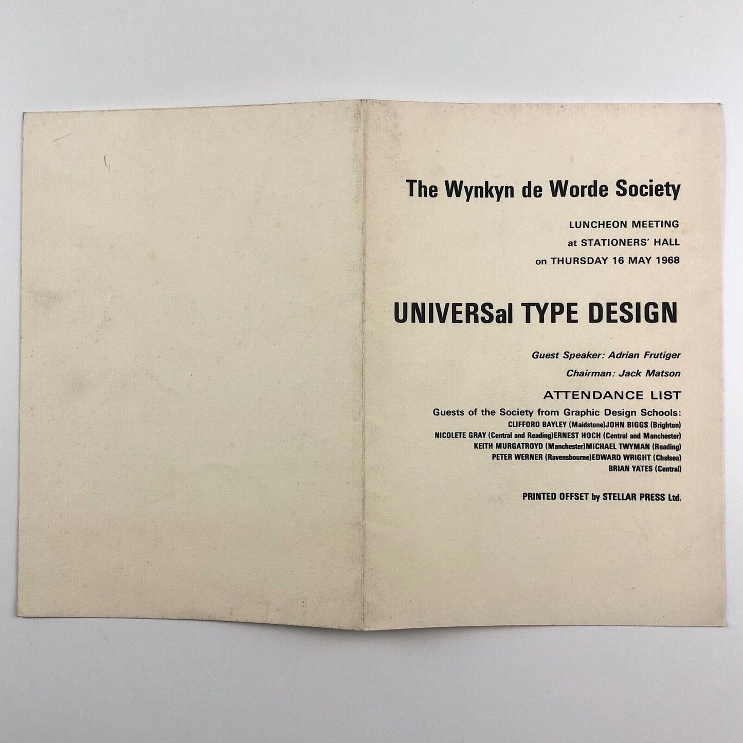 UNIVERSal Type Design: Wynkyn de Worde Society | Speaker Adrian Frutiger, 1968