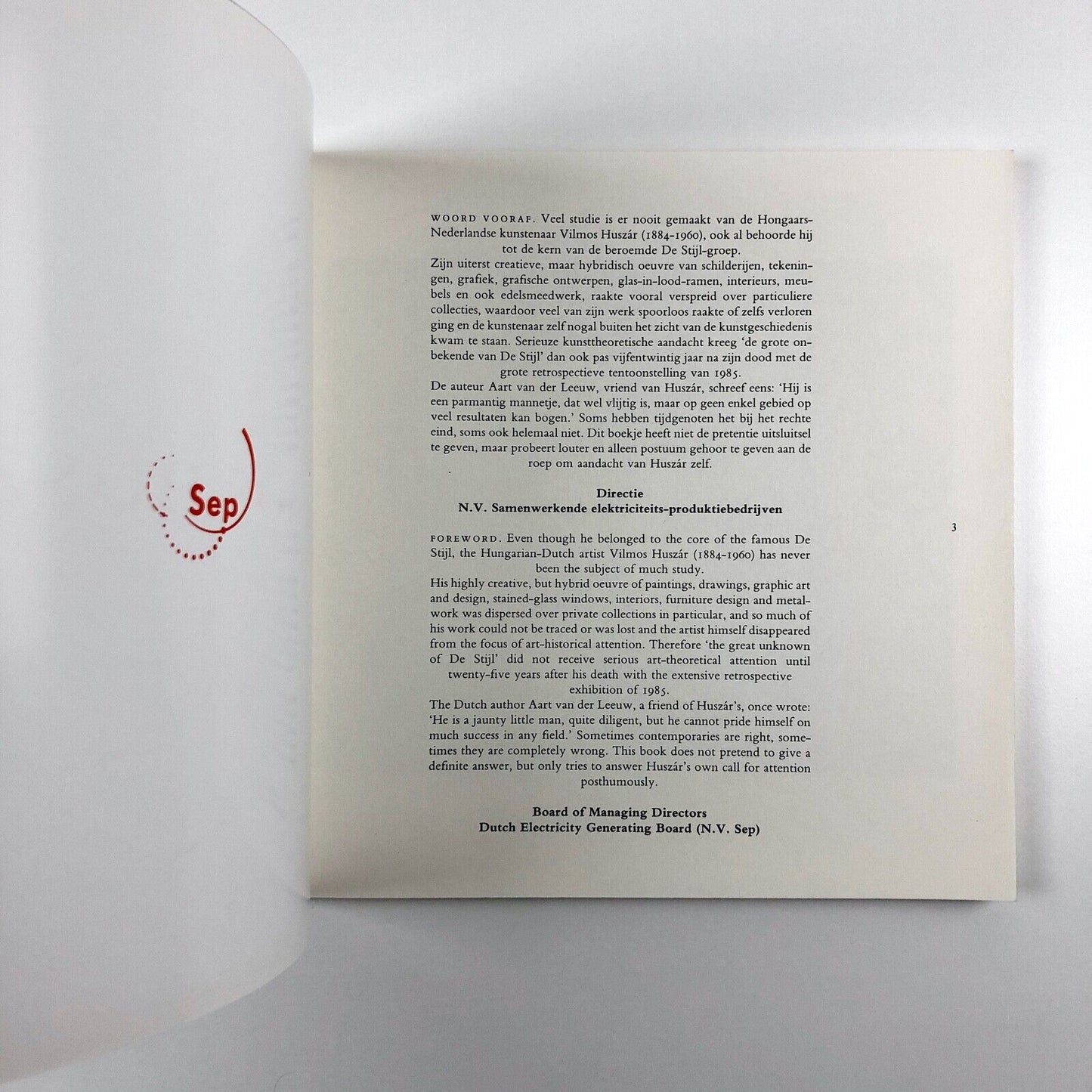 Vilmos Huszár by Ad de Visser | Text in English and Dutch | SEP Arnhem, 1993 | De Stijl