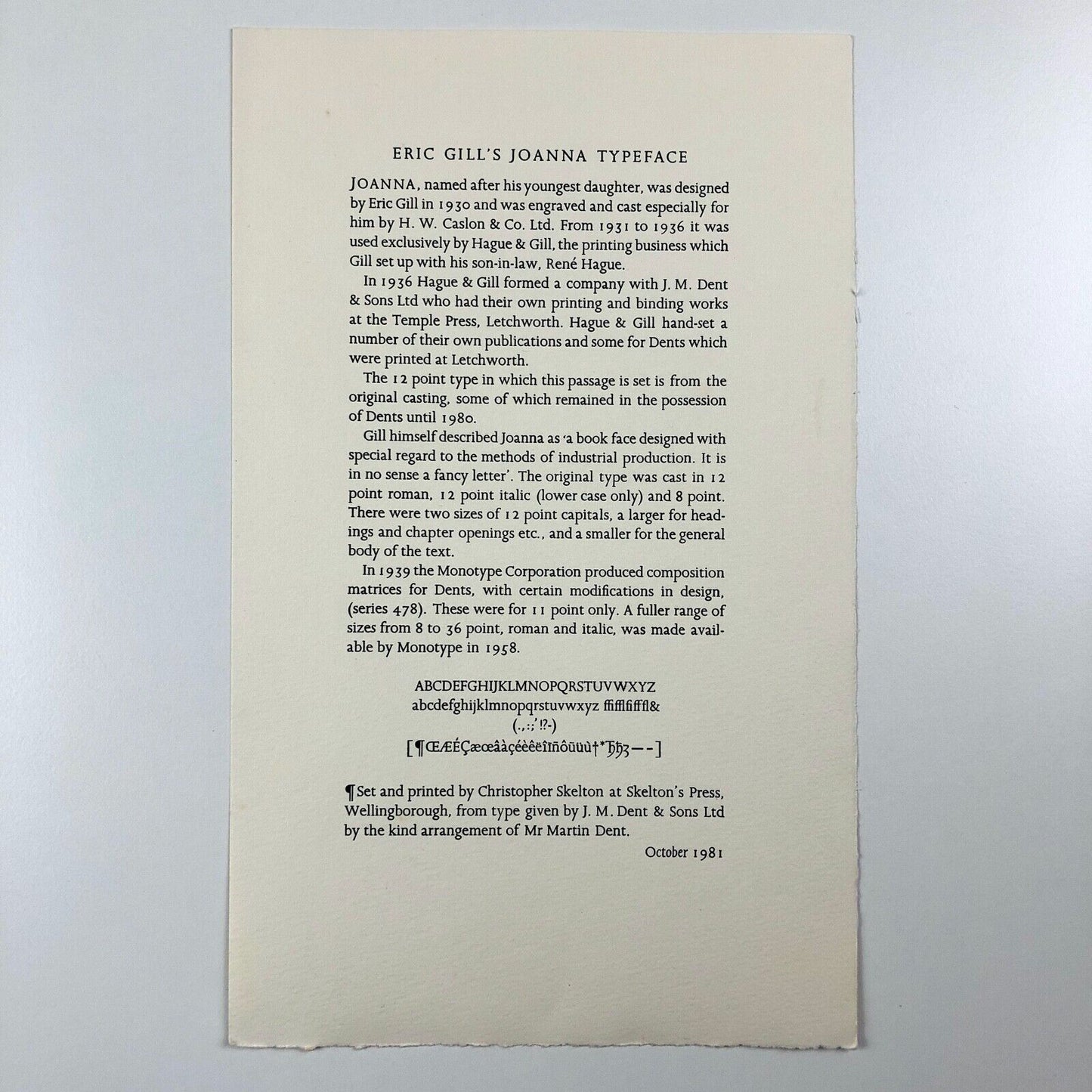 Eric Gill's Joanna Typeface | Letterpress ephemera sheet | Skelton's Press, 1981