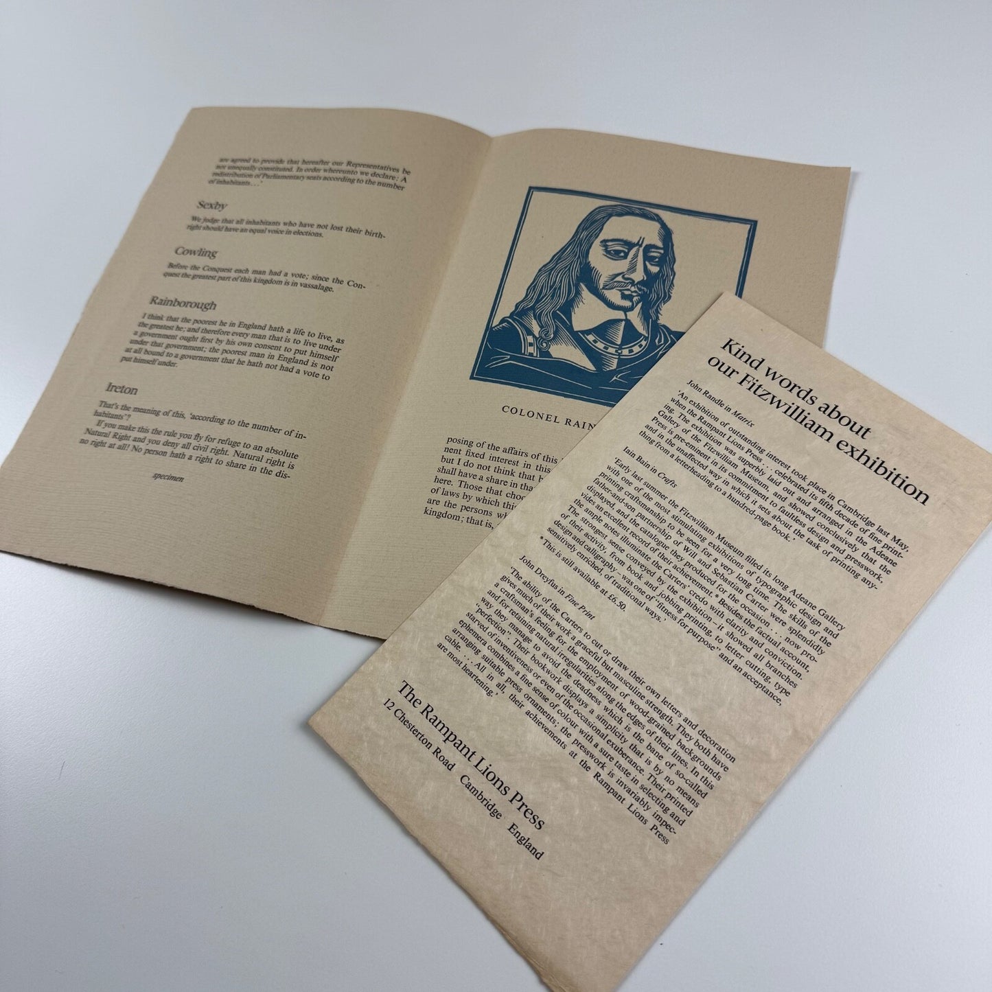 Prospectus for The Putney Debates by Jack Emery. Lino-cuts by Clare Melinsky | The Rampant Lions Press