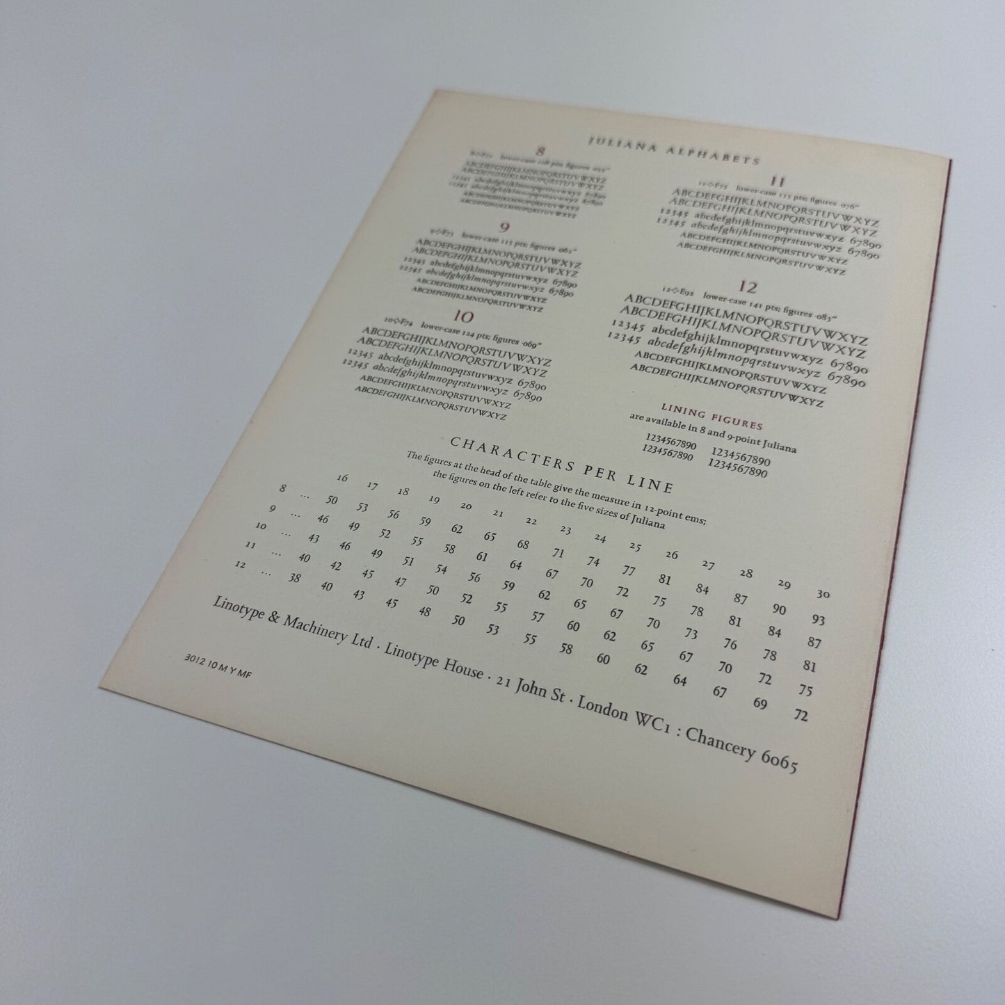 Type specimen sheet for Linotype Juliana A book face designed for Linotype by S.L. Hartz