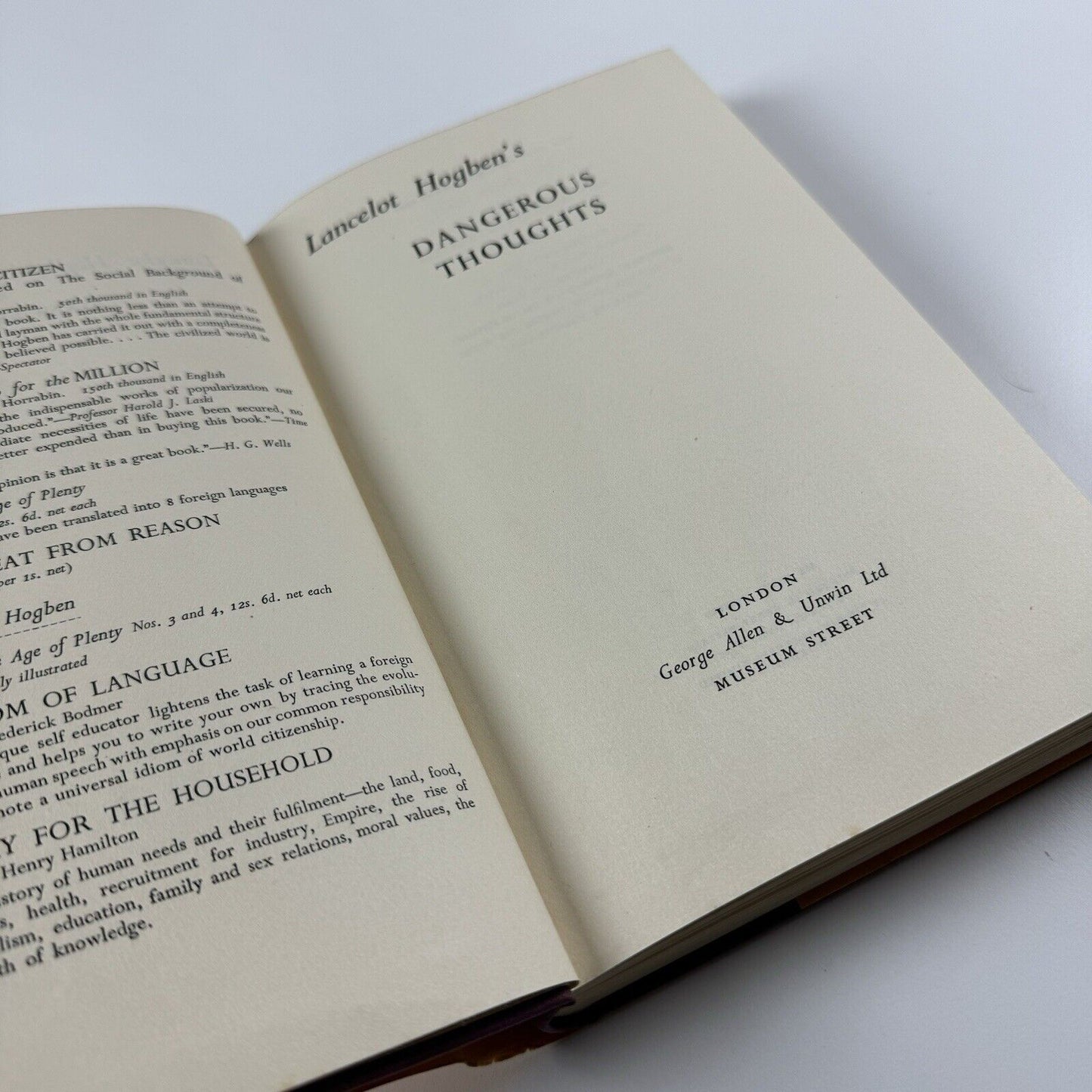 Dangerous Thoughts, by Lancelot Hogben | Hardback | George Allen & Unwin, 1939