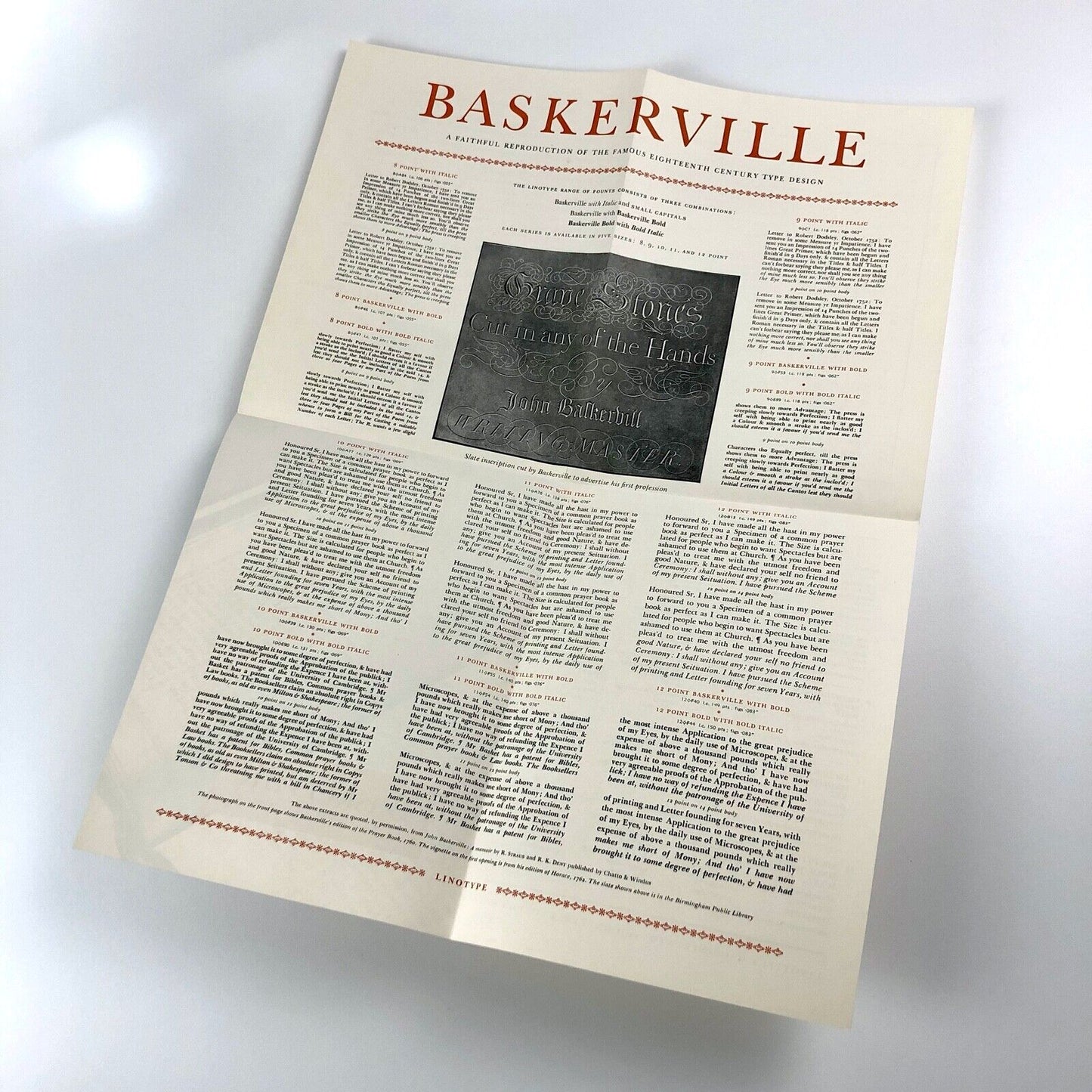 Baskerville for Linotype composition | Fold-out type specimen sheet