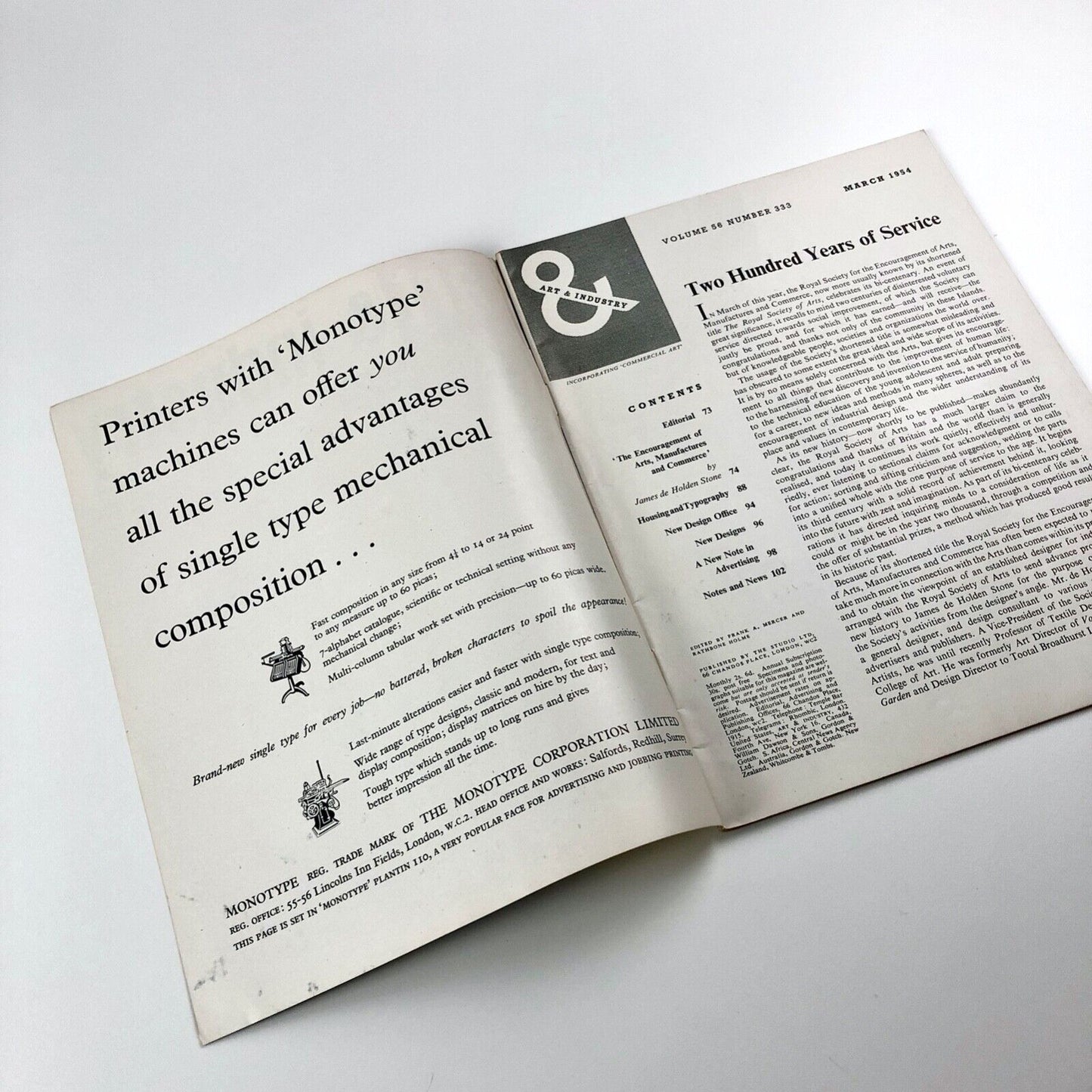 Art & Industry. March 1954. Volume 56 Number 333 | The Studio | includes article Housing and Typography