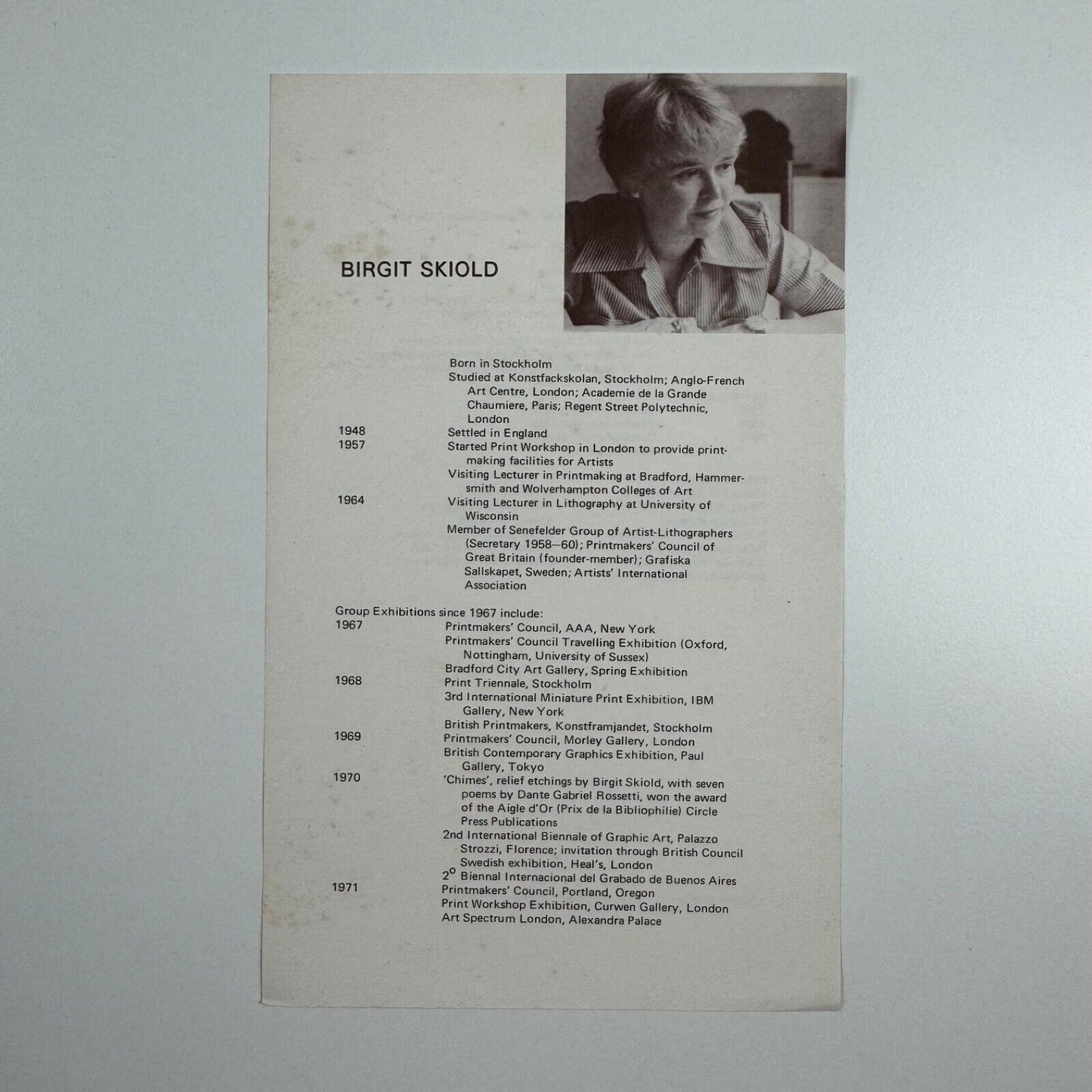 Leaflet on Birgit Skiold from Oxford Gallery, Oxford. Undated presumed to be 1970s