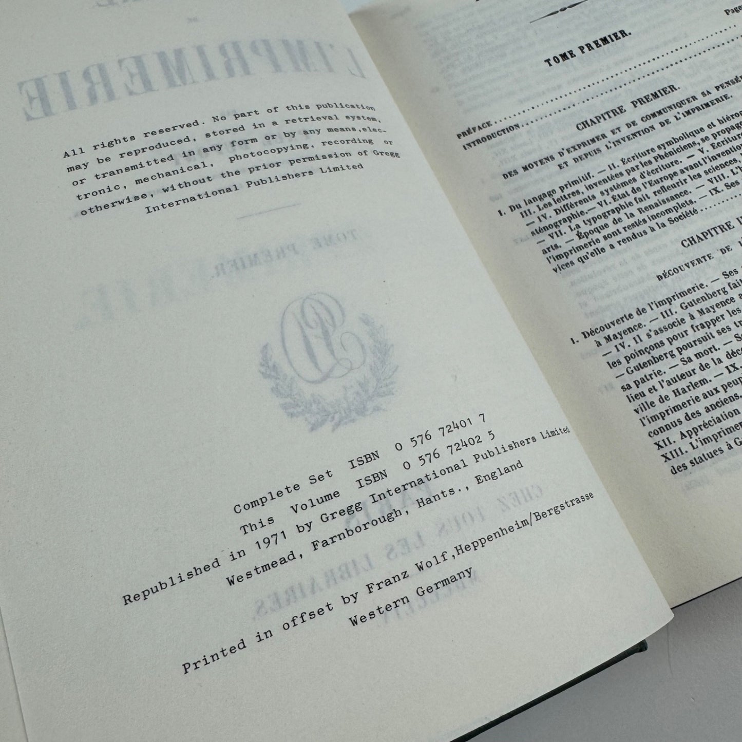 Histoire de l'Imprimerie by Paul Dupont | Gregg International reprint 1971 2 vol