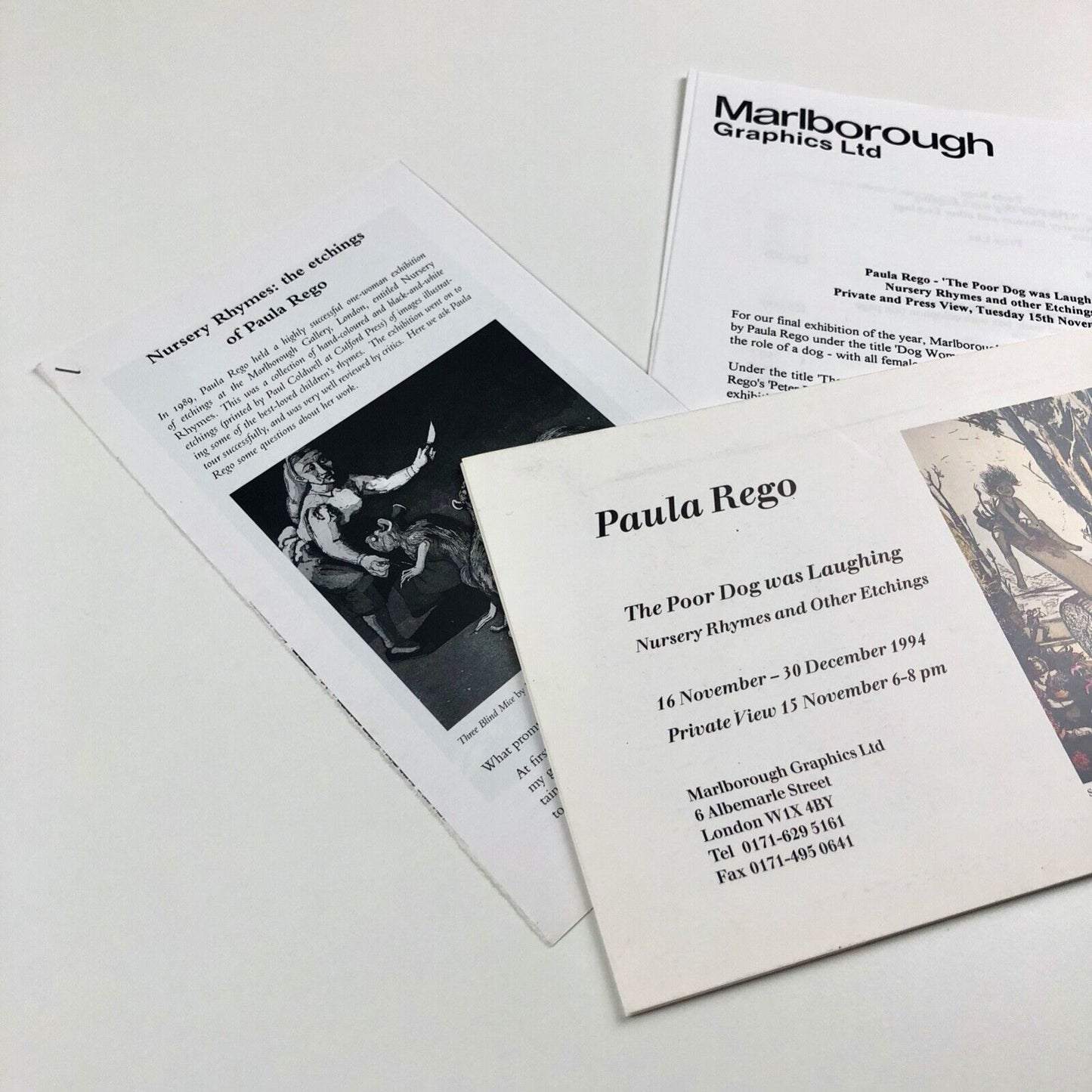 Folding card and related leaflet for Paula Rego. The Poor Dog was Laughing | Marlborough Graphics, 1994