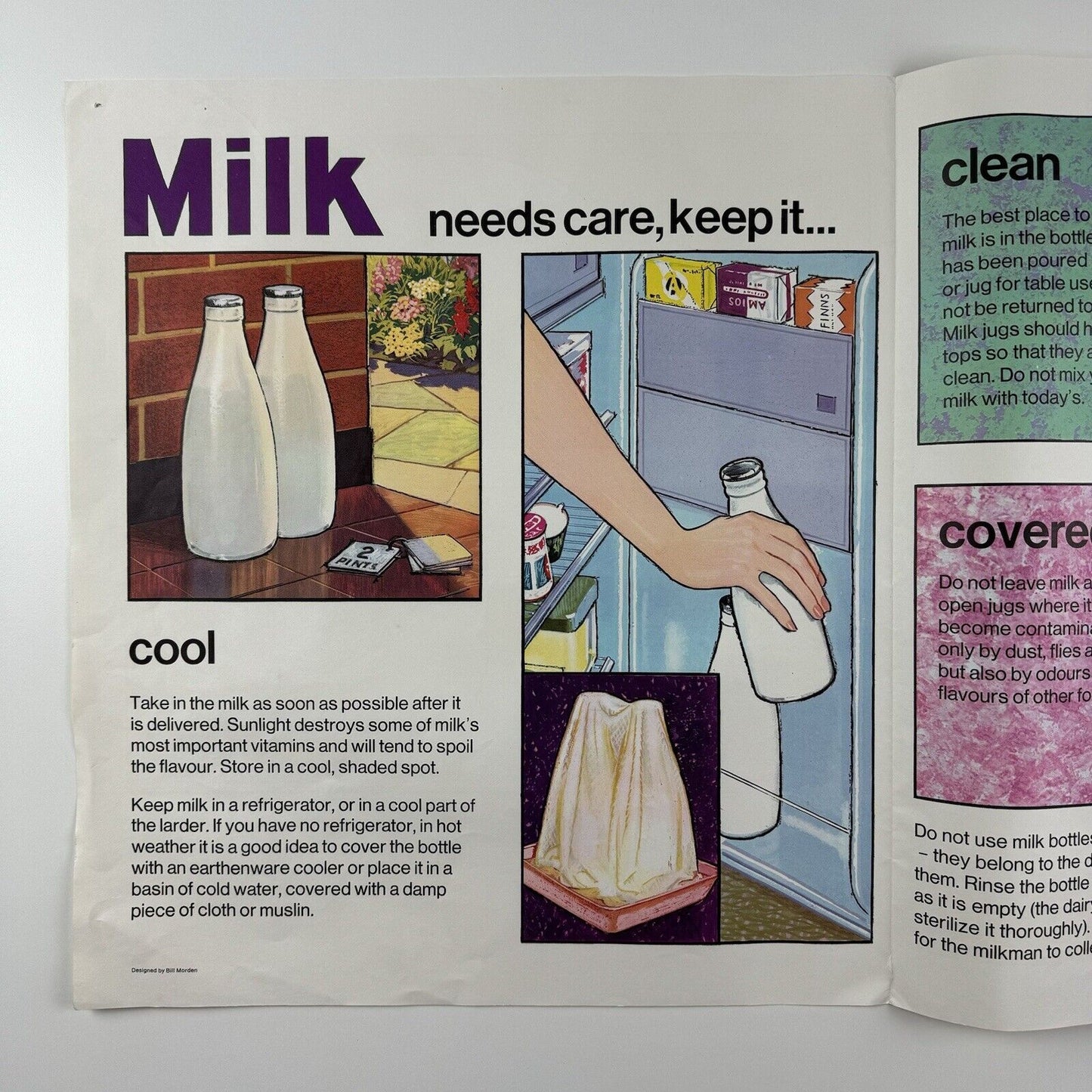 Milk Needs Care, Keep it Cool, Clean Covered | National Dairy Council public information poster | National Dairy Council | Design by Bill Morden