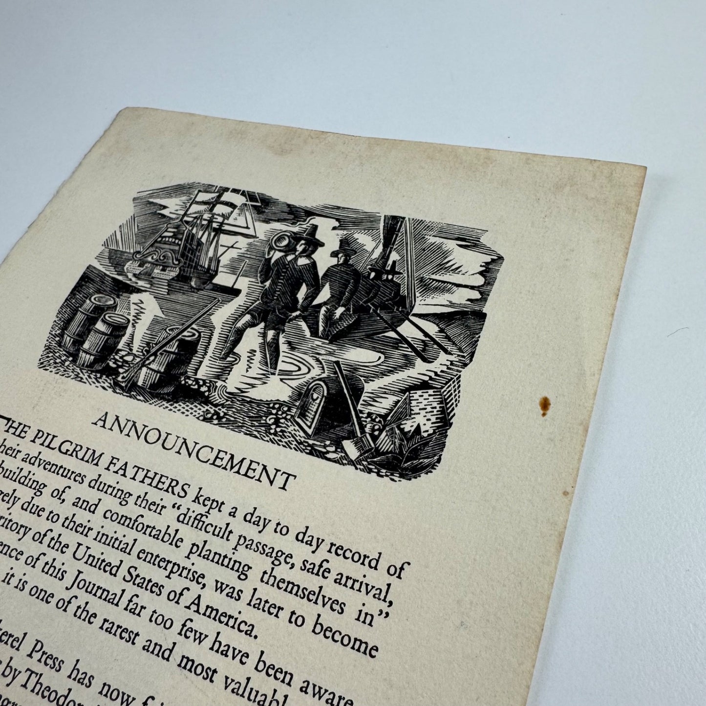Prospectus The Pilgrim Fathers by Theodore Besterman Golden Cockerel Press 1939 engravings by Geoffrey Wales