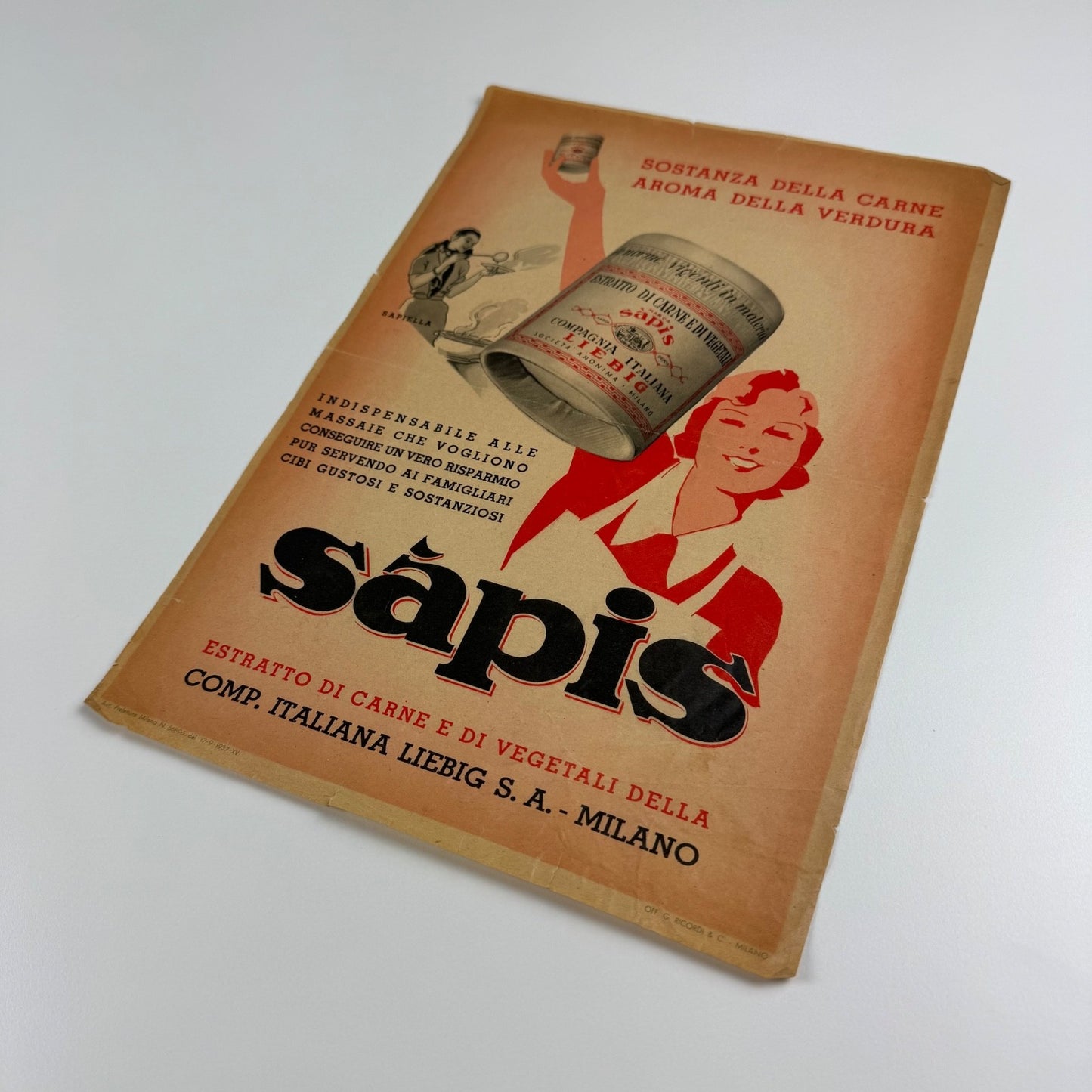 Liebig small paper advert Sàpis Compagnia Italiana Liebig 1937