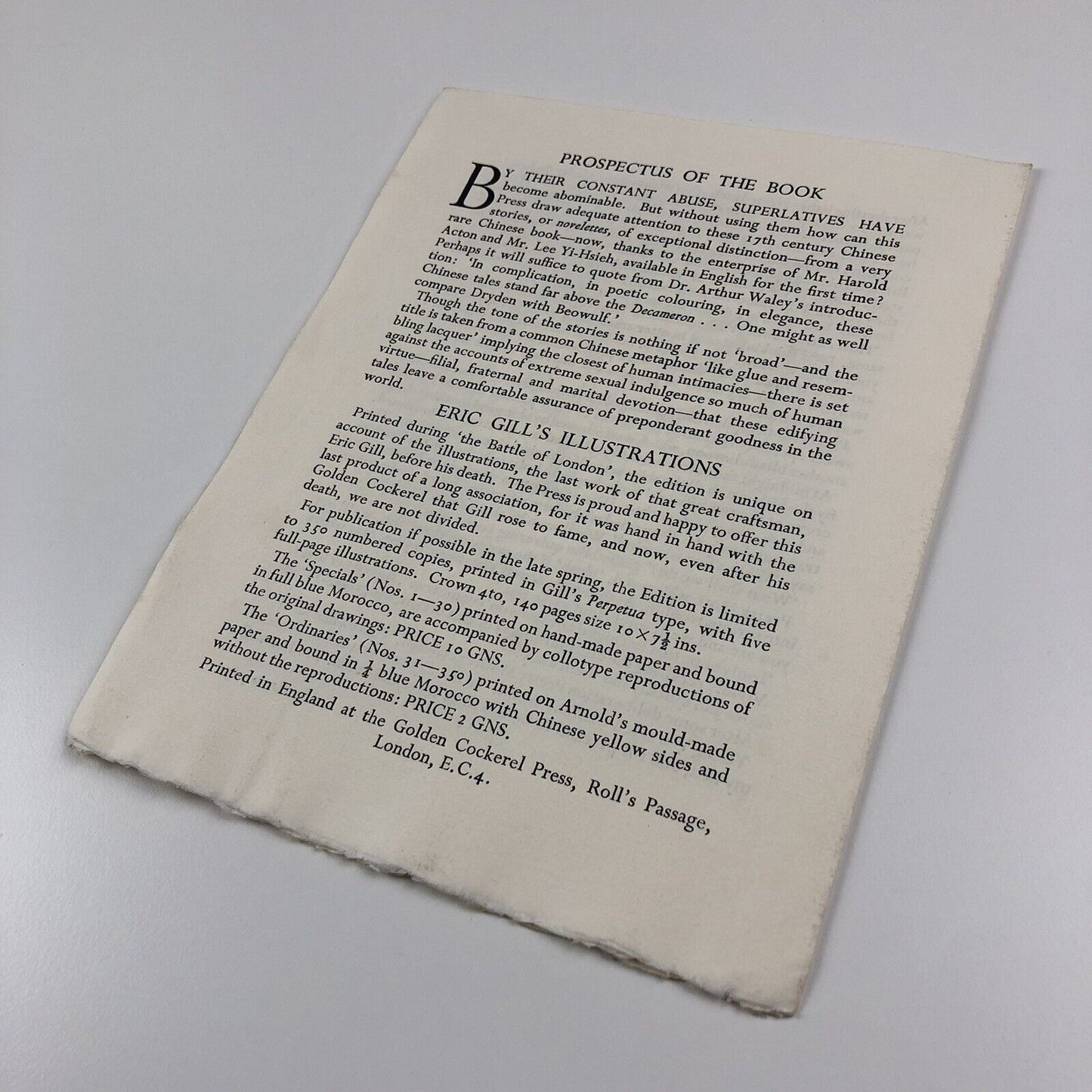 Prospectus for Glue and Lacquer translated by Harold Acton illustrations Eric Gill Golden Cockerel Press c1941