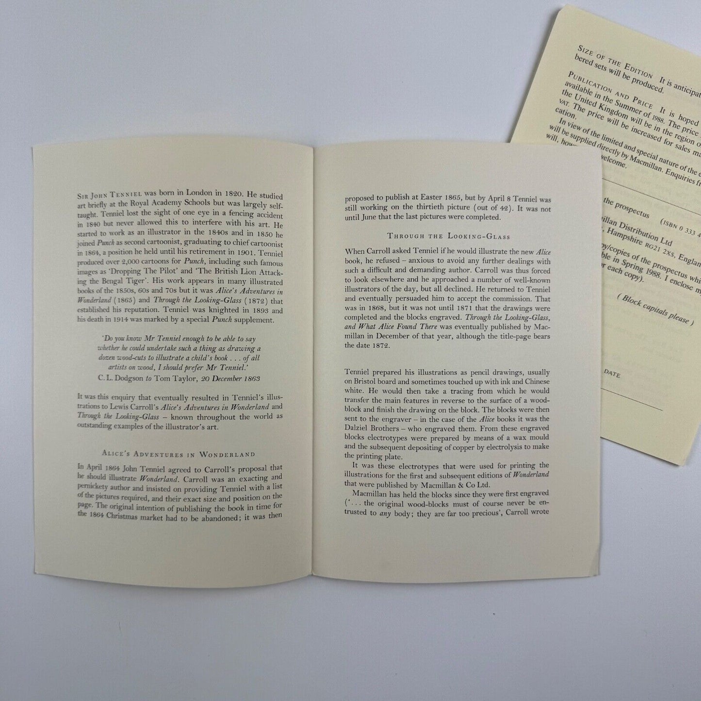 A preliminary announcement/order form for Sir John Tenniel’s illustrations to Lewis Carroll’s Alice’s Adventures in Wonderland & Through the Looking-Glass | Macmillan, 1986