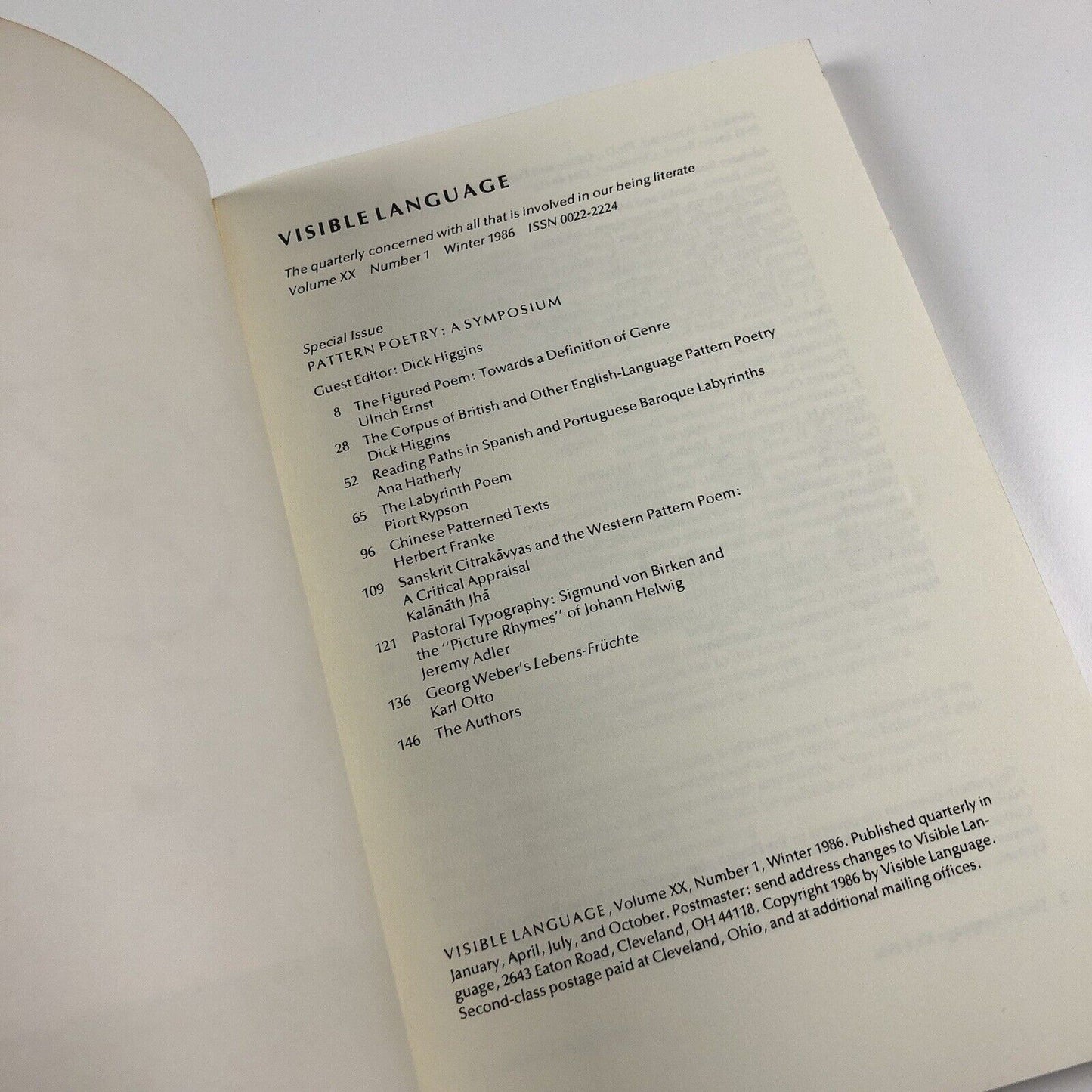 Visible Language journal XX I | Winter 1986 | Special issue – Pattern Poetry