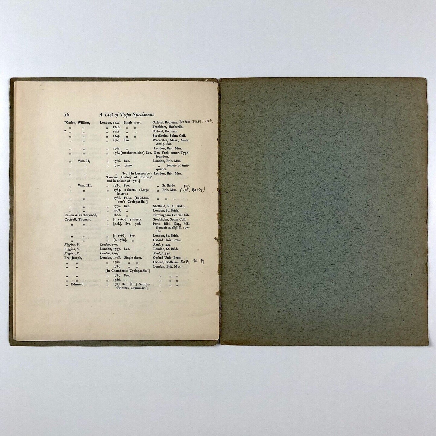 A list of type specimens. The Bibliographical Society, London, 1942 | Harry Carter